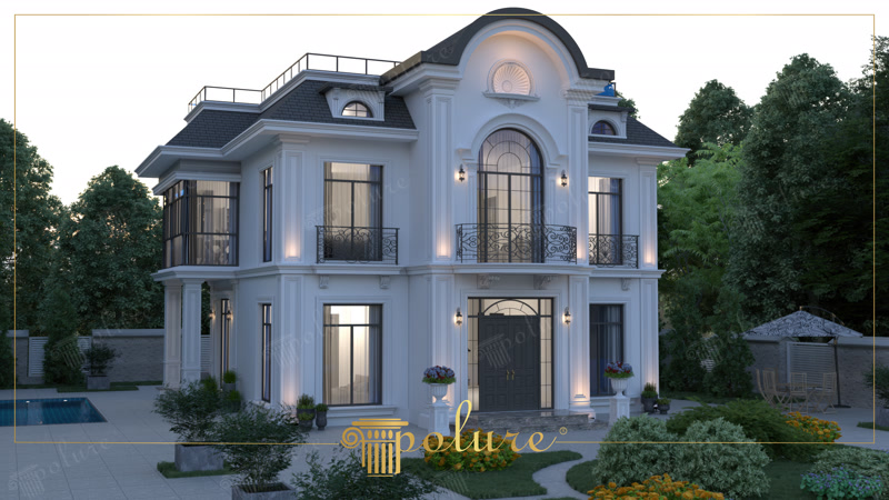 Fațadă de vilă neoclasică cu ancadramente, pilastri decorative din poliuretan și iluminat arhitectural de noapte