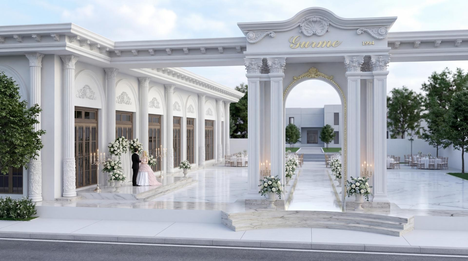 Fațadă clasică de salon de nunți decorată cu ancadramente, arce curbate și coloane din poliuretan alb.