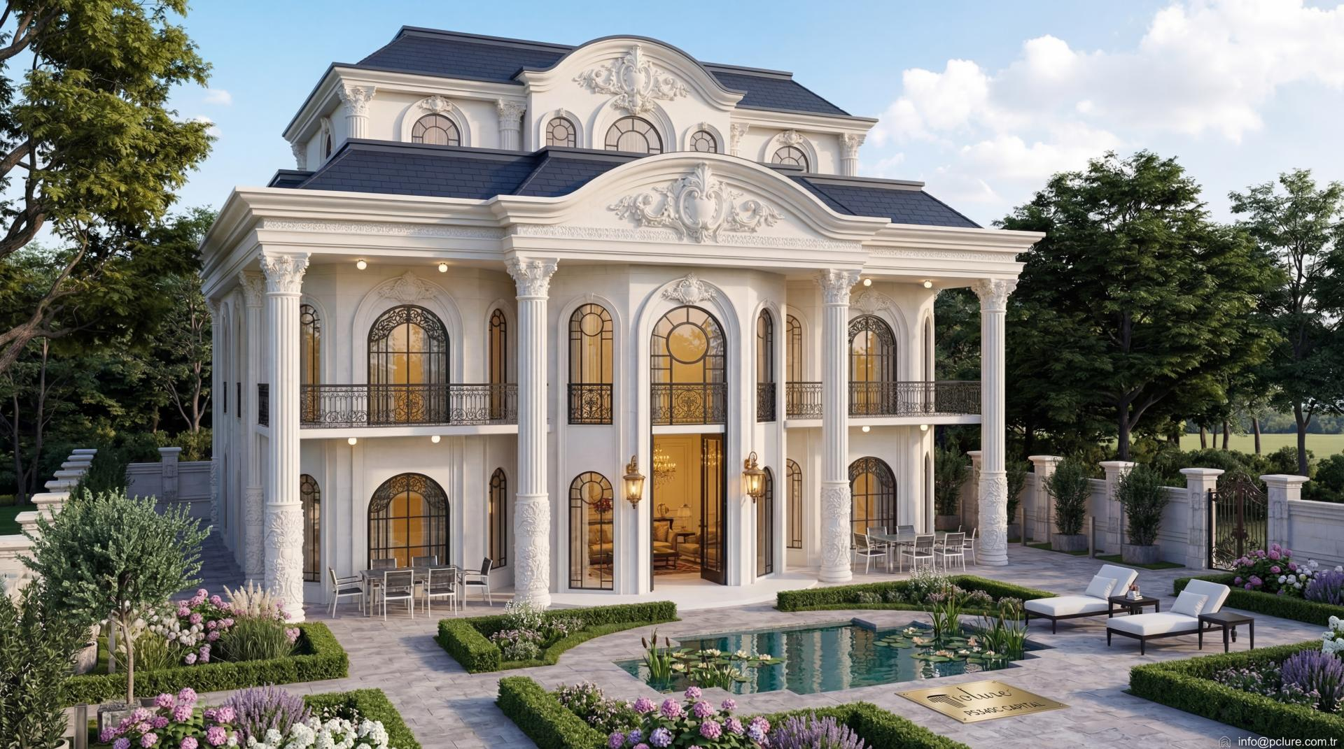 Fațadă albă de vilă cu coloane clasice din poliuretan, ferestre arcuite și balustrade decorative în stil neoclasic.