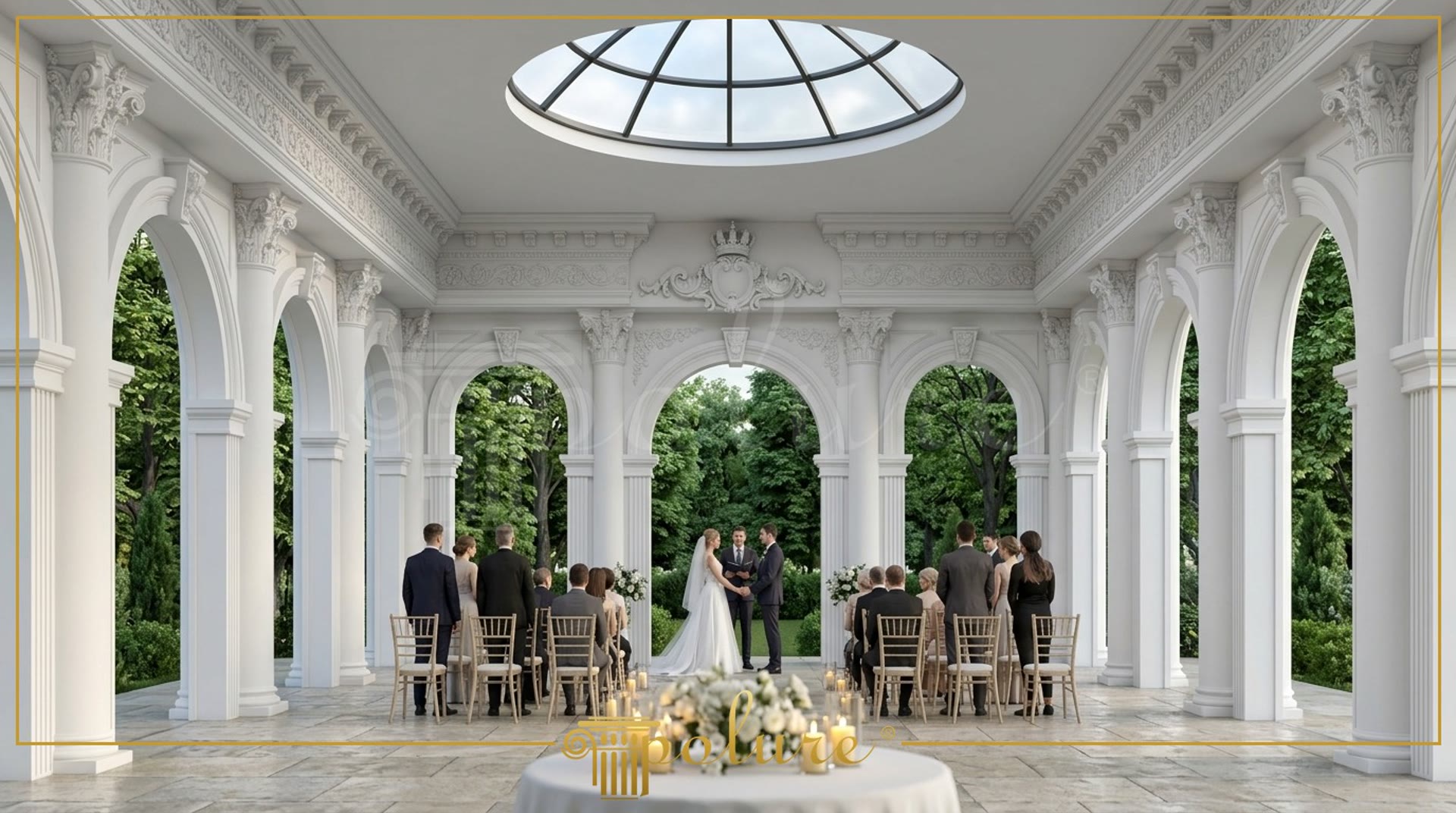 Pavilion de nunți cu coloane decorative albe din poliuretan și cupolă centrală din sticlă într-un decor clasic.