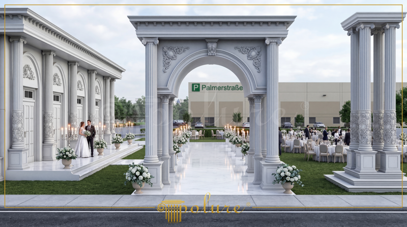 Arc central din poliuretan și coloane decorative neoclasice pentru zonă exterioară de evenimente în aer liber