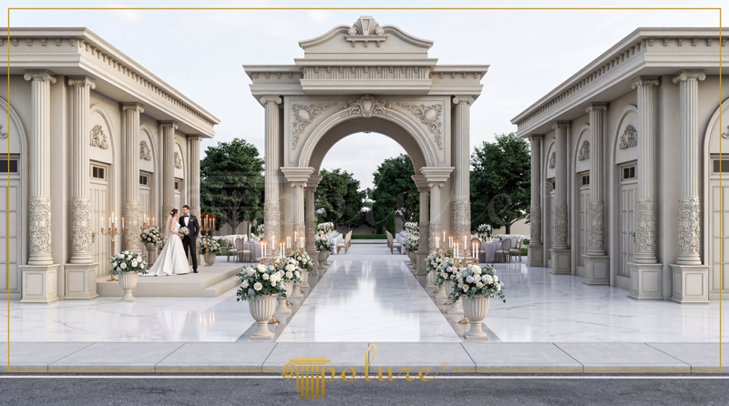 Fațadă monumentală clasică cu arcuri și coloane decorative din poliuretan pentru salon de evenimente