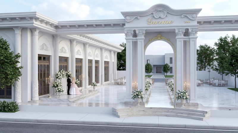 Fațadă clasică de salon de nunți decorată cu ancadramente, arce curbate și coloane din poliuretan alb.
