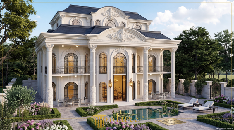 Fațadă albă de vilă cu coloane clasice din poliuretan, ferestre arcuite și balustrade decorative în stil neoclasic.