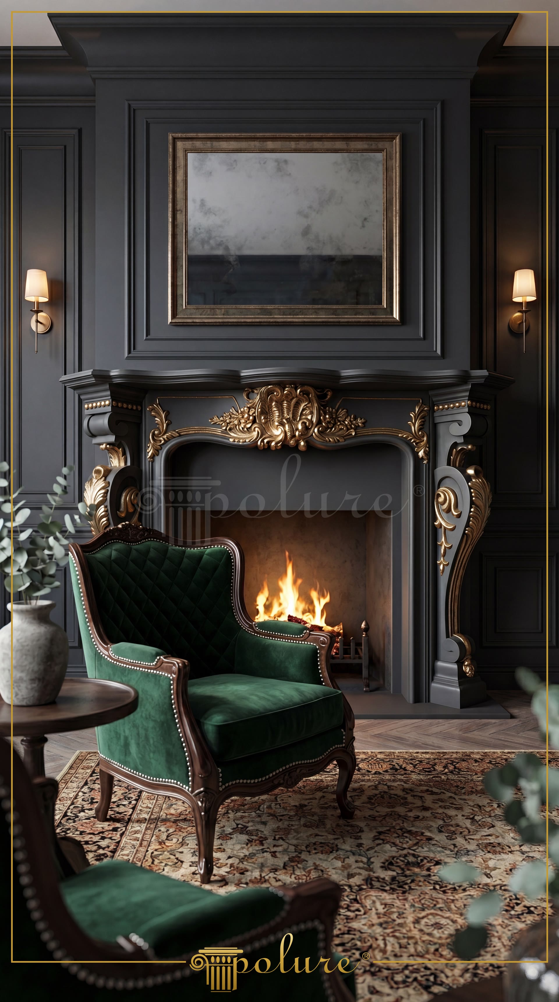 Șemineu decorativ din poliuretan cu ornamente aurite și ancadramente de perete în stil clasic într-un salon elegant.