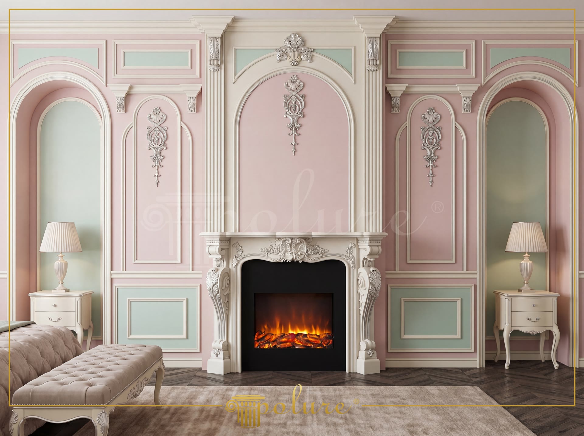Decor perete cu profile din poliuretan, șemineu alb P8403 și panouri roz și verde pastel