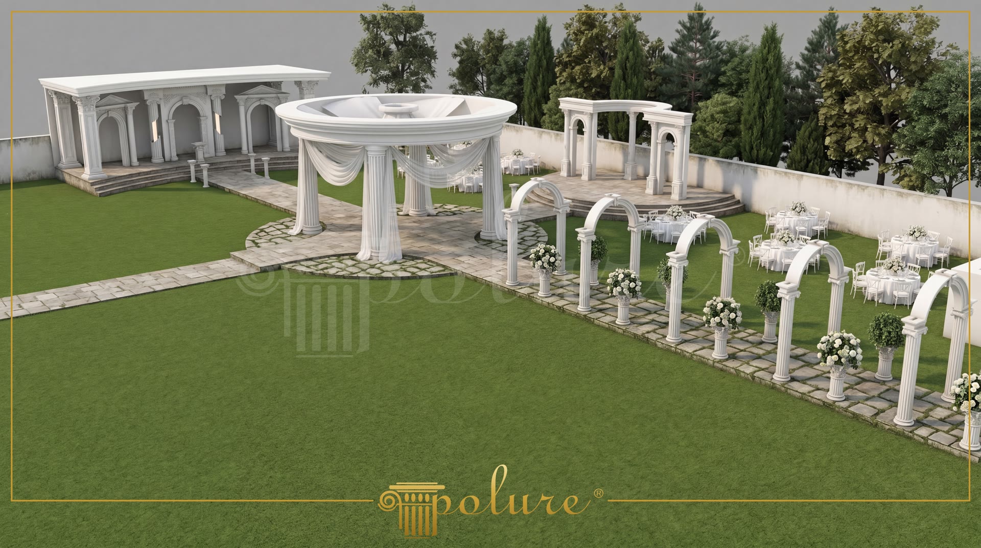 Amenajare exterioară cu foișor rotund, arcade și coloane decorative albe din poliuretan pe gazon verde.