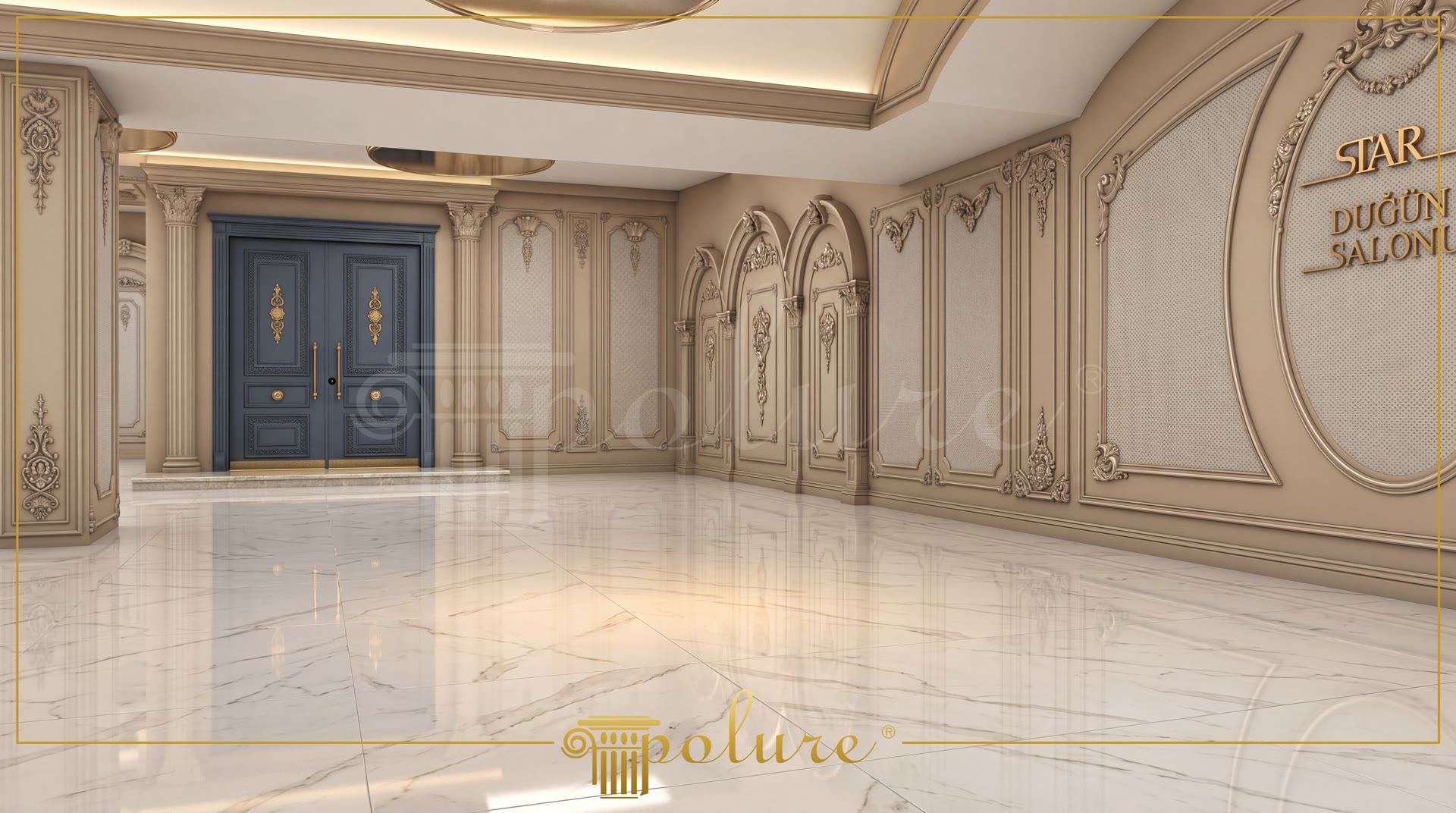 Interior de sală de evenimente cu pilastri din poliuretan, arcade decorative pe perete și ușă dublă albastră neoclasică.
