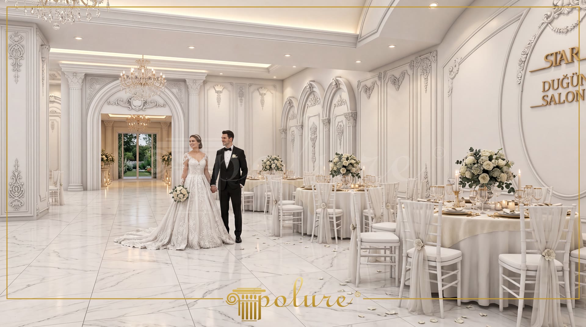 Interior de salon de evenimente decorat cu pilatri, arcade semicirculare și ornamente albe din poliuretan.