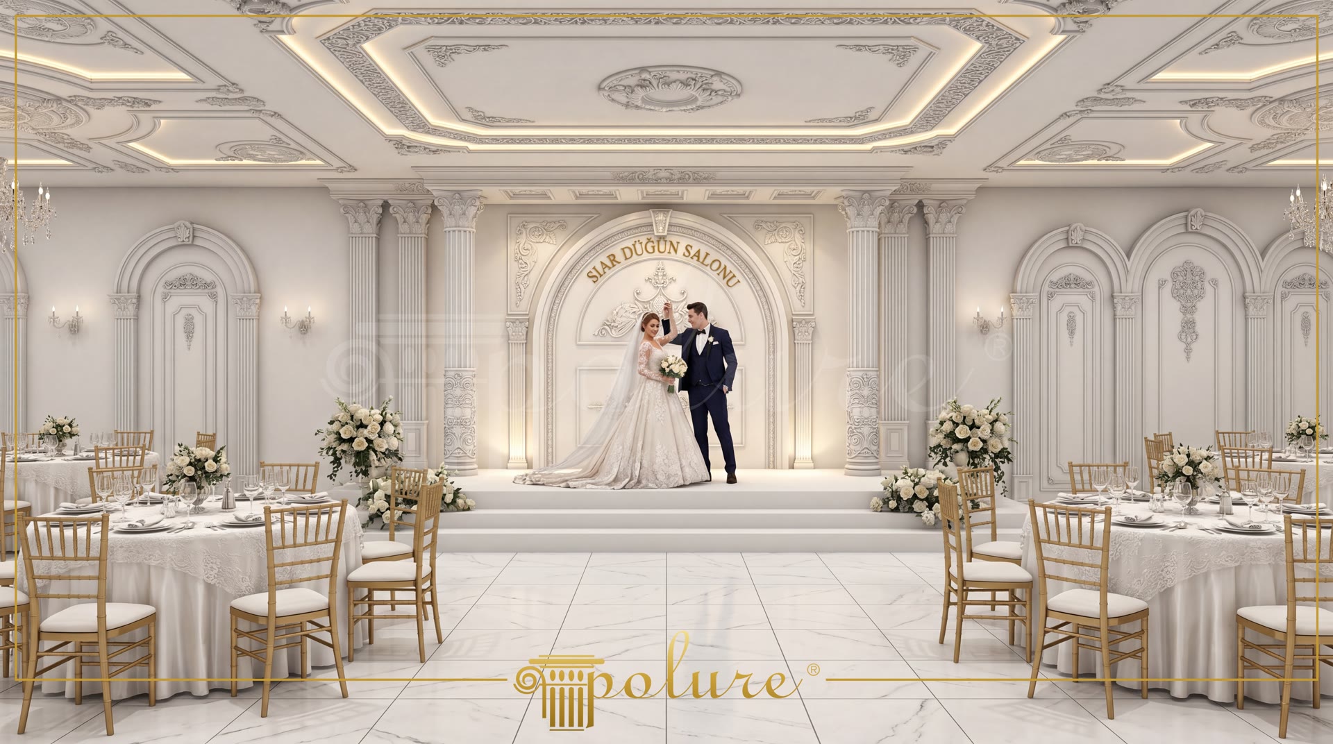 Decor interior clasic pentru sală de evenimente cu pilaștri din poliuretan, arcuri decorative și tavan sculptat.
