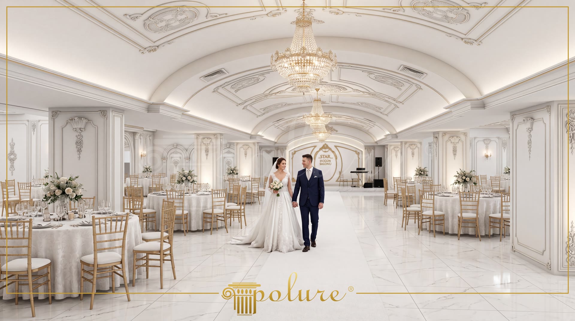 Amenajare interioară de salon de nuntă cu pilaștri din poliuretan, bolți decorative și tavan sculptat.