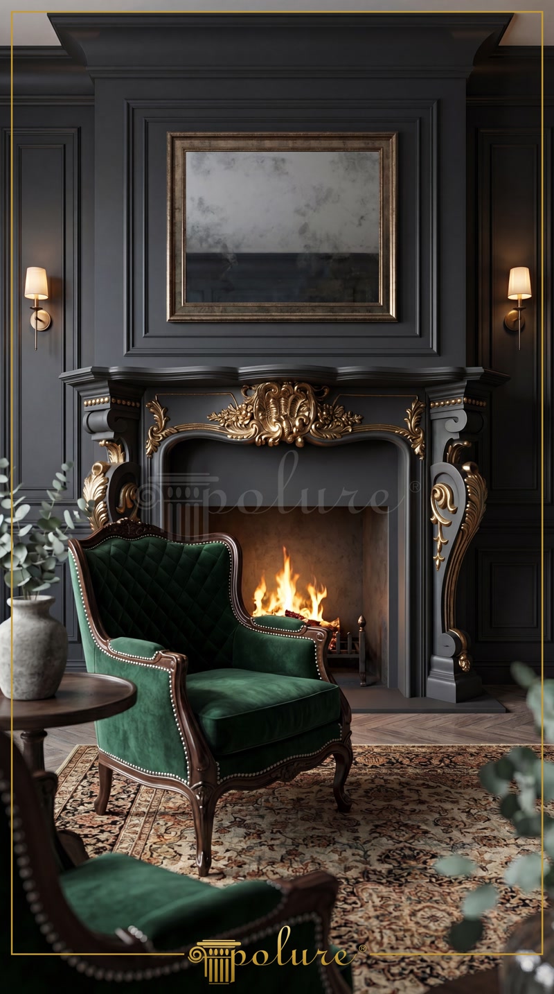 Șemineu decorativ din poliuretan cu ornamente aurite și ancadramente de perete în stil clasic într-un salon elegant.