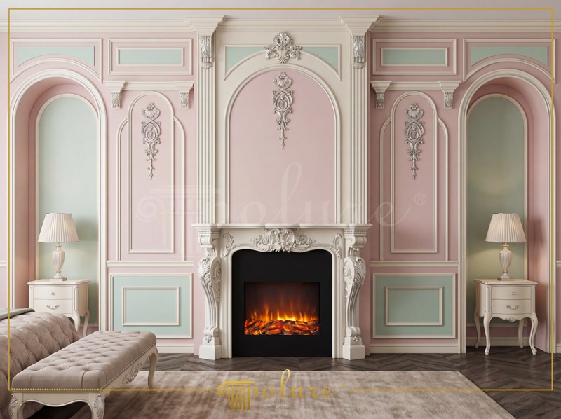 Decor perete cu profile din poliuretan, șemineu alb P8403 și panouri roz și verde pastel