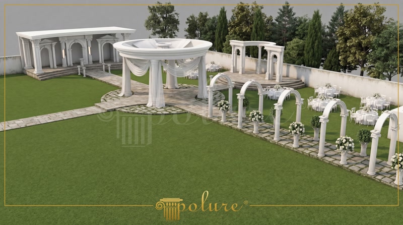 Amenajare exterioară cu foișor rotund, arcade și coloane decorative albe din poliuretan pe gazon verde.