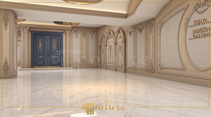 Interior de sală de evenimente cu pilastri din poliuretan, arcade decorative pe perete și ușă dublă albastră neoclasică.