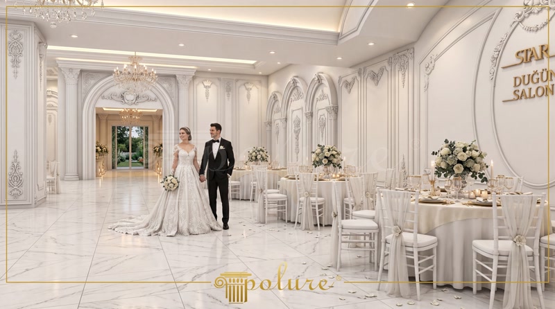 Interior de salon de evenimente decorat cu pilatri, arcade semicirculare și ornamente albe din poliuretan.