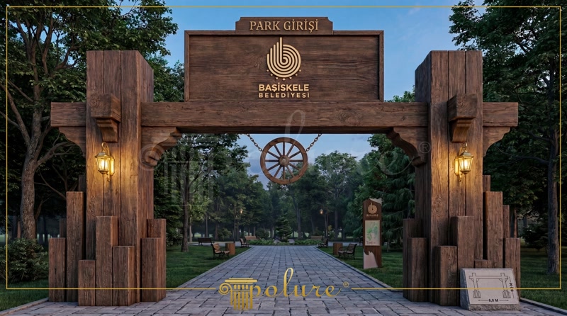 Poartă monumentală din grinzi decorative din poliuretan cu aspect de lemn rustic și felinare exterioare