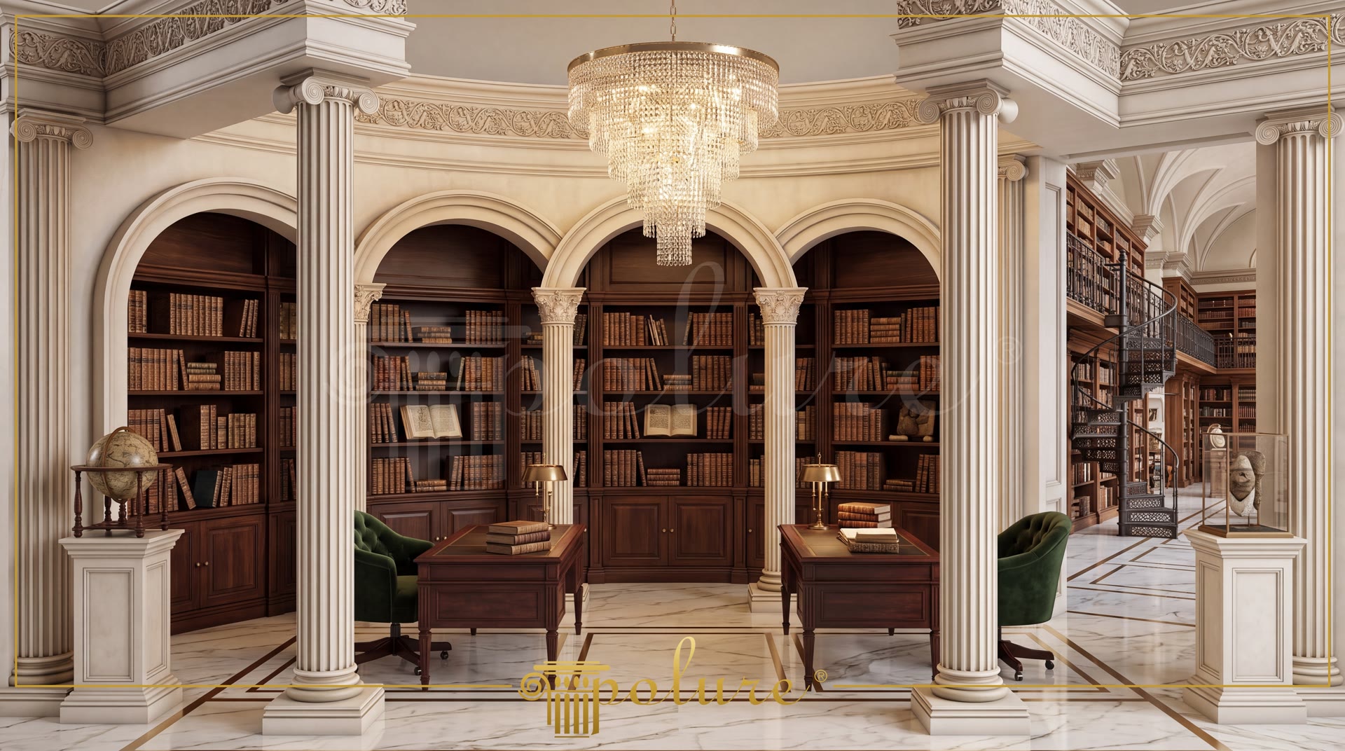 Bibliotecă clasică cu coloane canelate din poliuretan, arcuri decorative semicirculare și candelabru de cristal