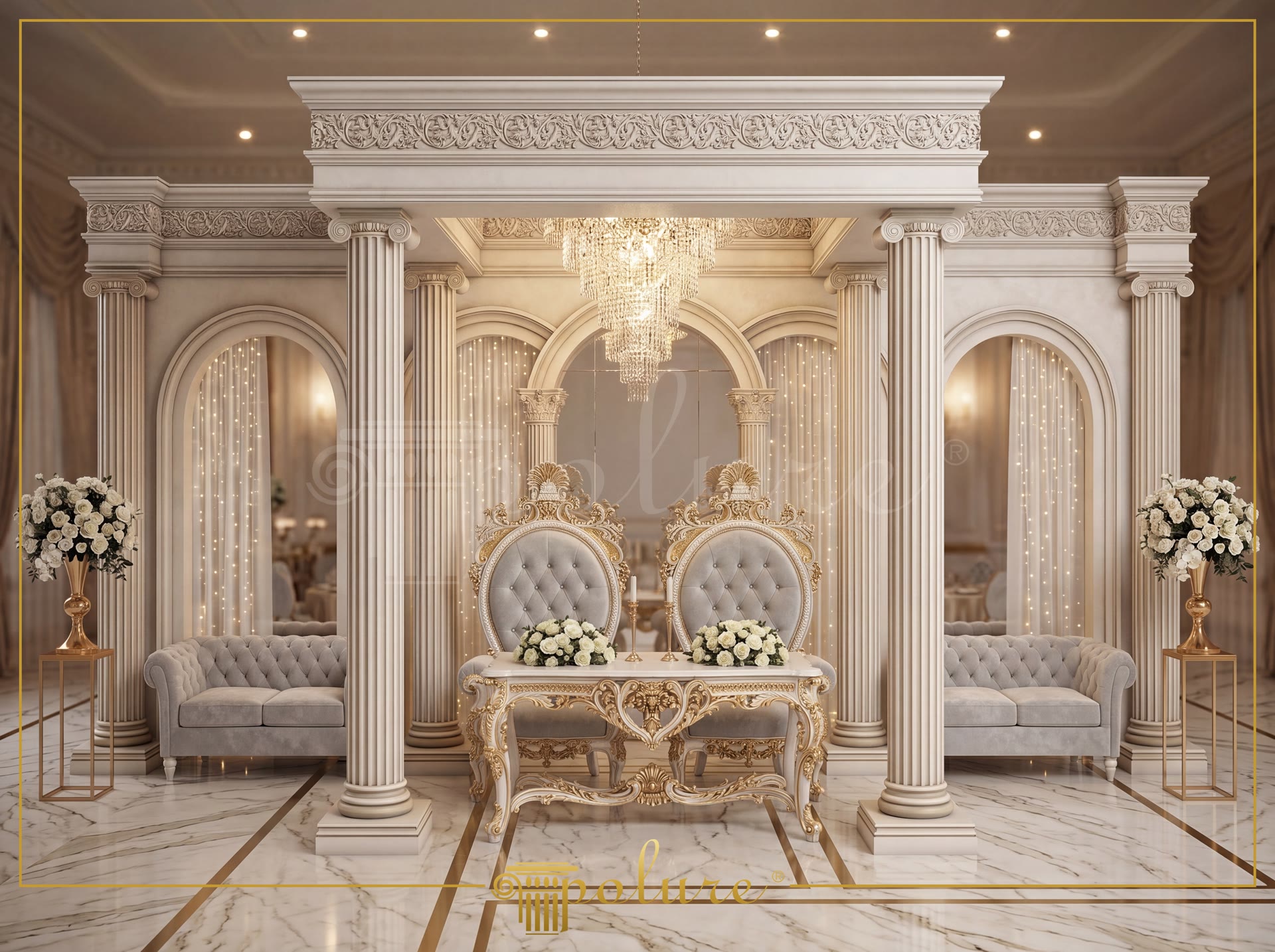 Aranjament arhitectural clasic cu coloane canelate și arcuri decorative din poliuretan în salon de evenimente.