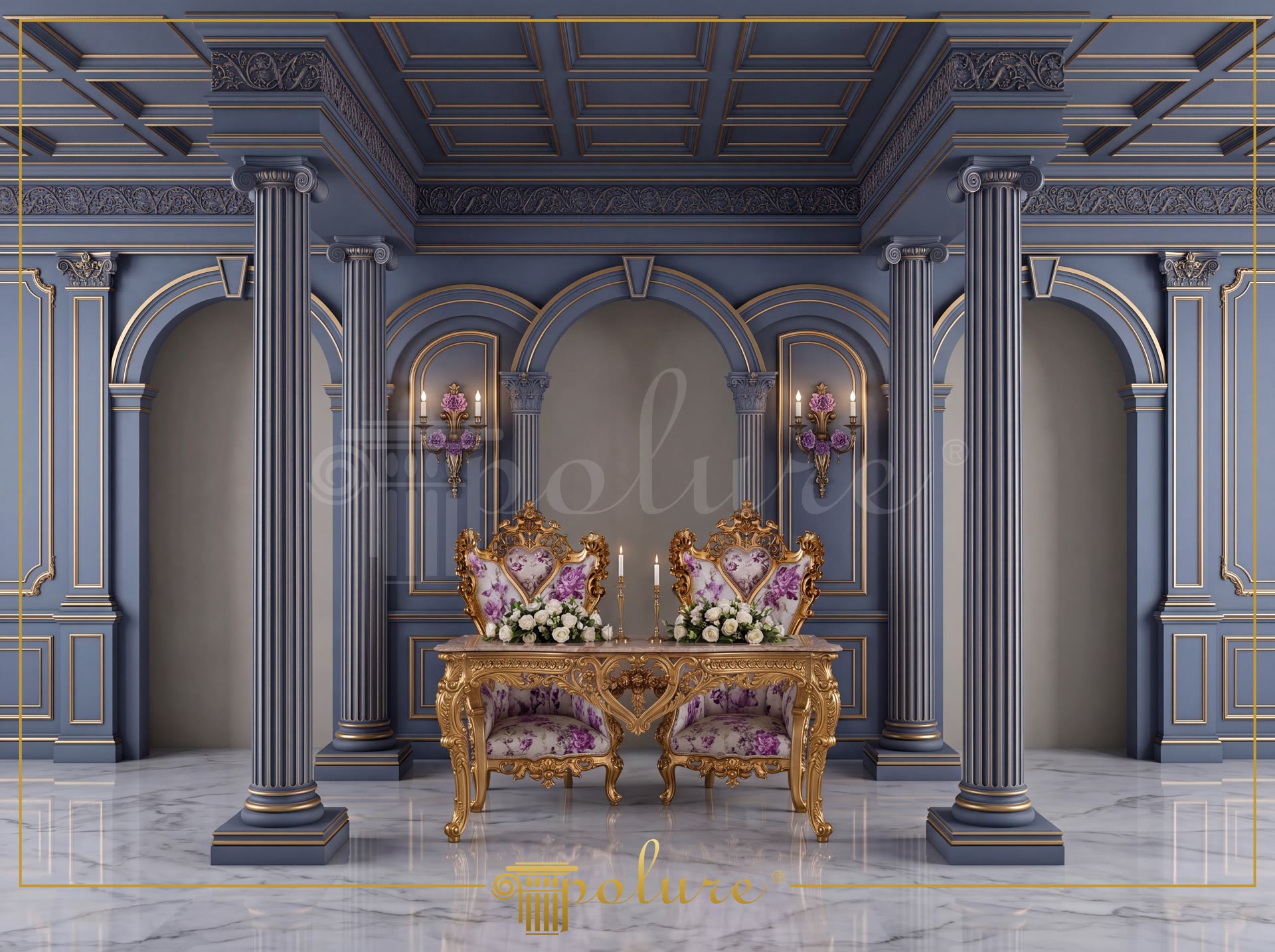 Decor interior clasic cu coloane din poliuretan, arcuri albastre cu auriu și panouri parietale decorative.