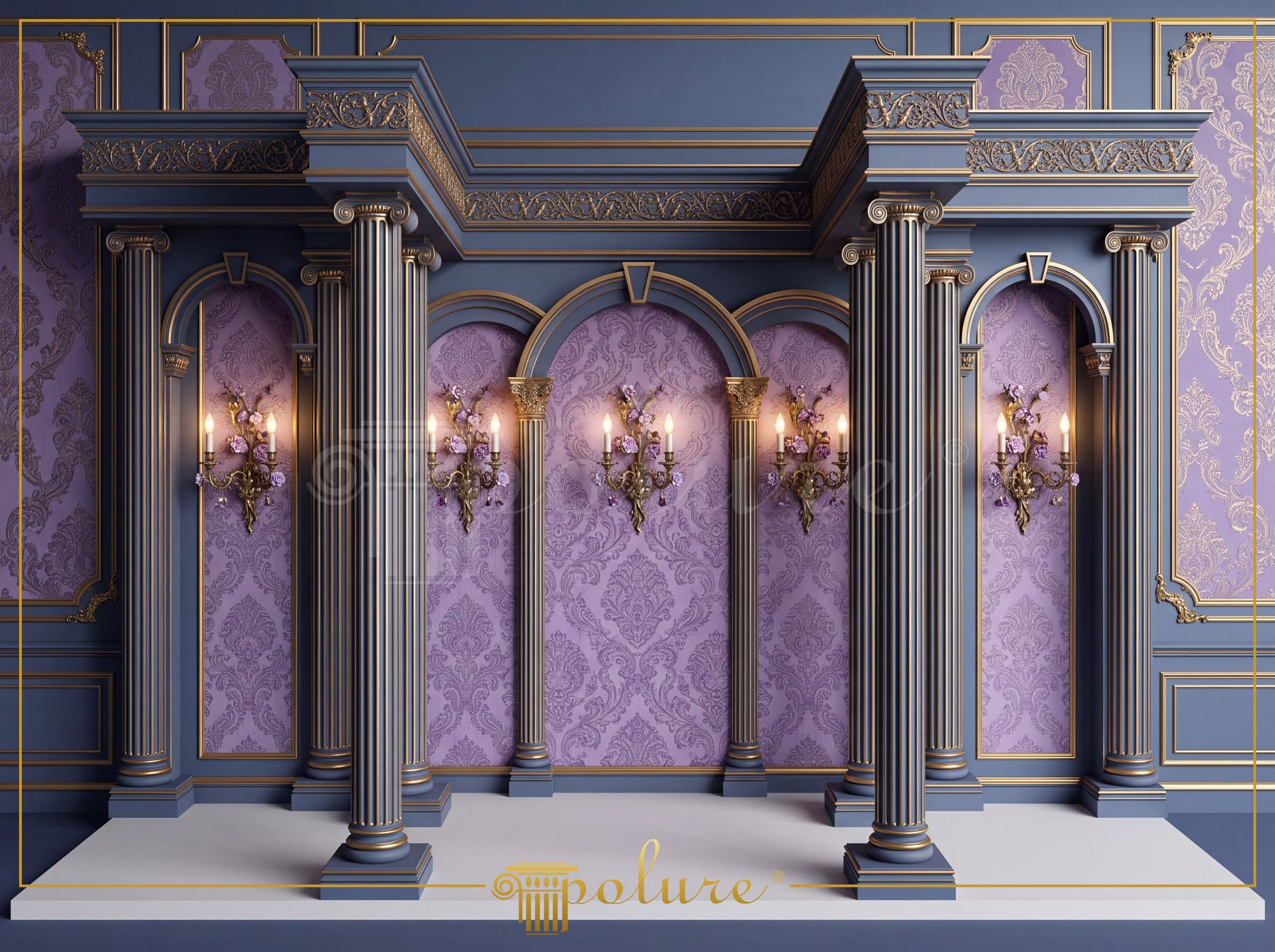 Compoziție perimetrală clasică din coloane poliuretan albastre și arce decorative pe fundal de tapet violet.