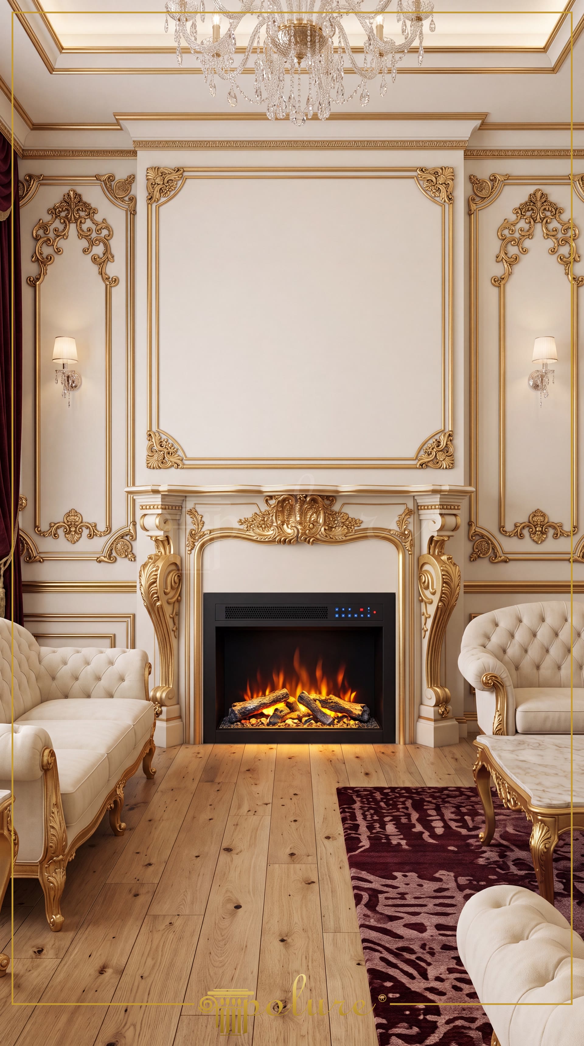 Ancadrament clasic de perete și rama de șemineu P8403 din poliuretan decorativ cu finisaj auriu într-un living elegant.