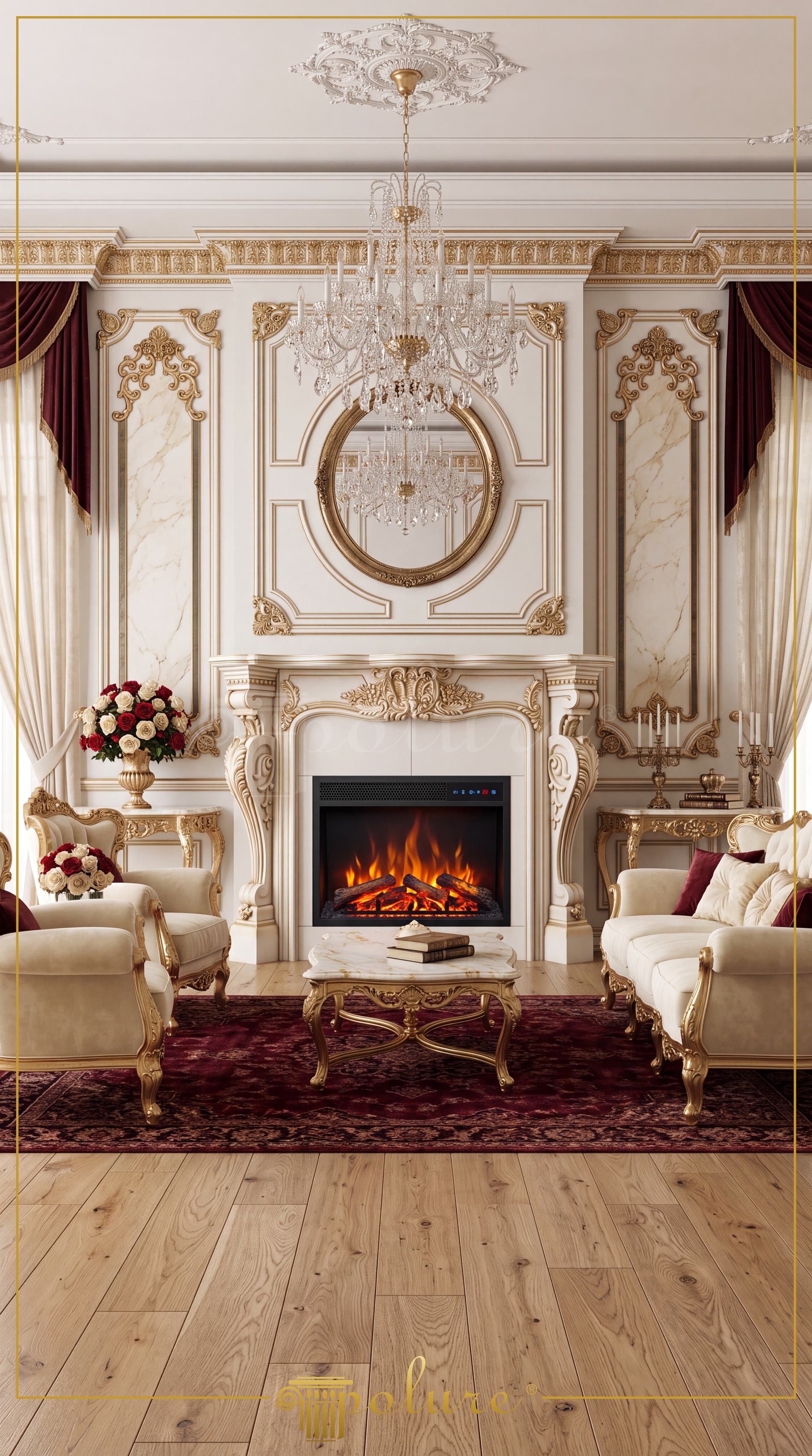 Living clasic amenajat cu semineu din poliuretan P8403, baghete decorative P85008 si cornise P81071 pe pereti albi.