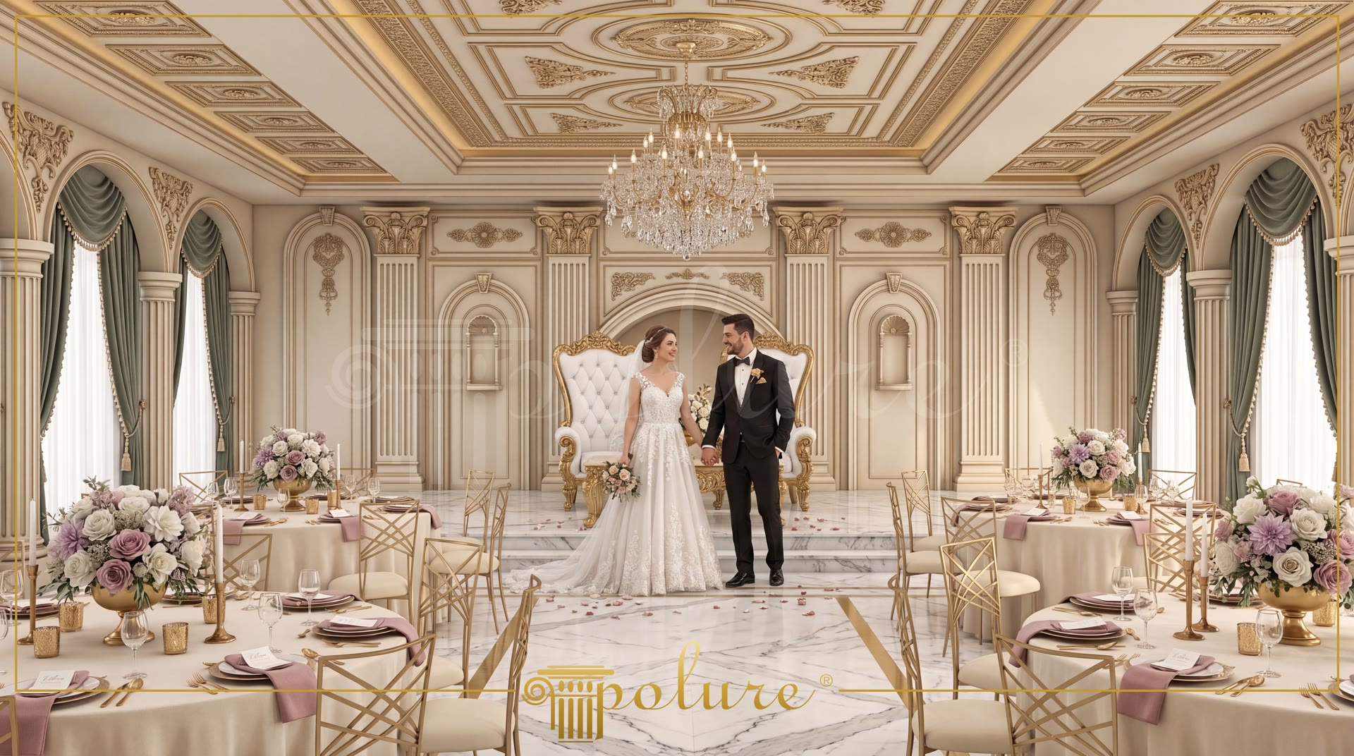 Sala de nunta luxoasa cu coloane pilastru din poliuretan, nise decorative si plafon casetat cu candelabru.