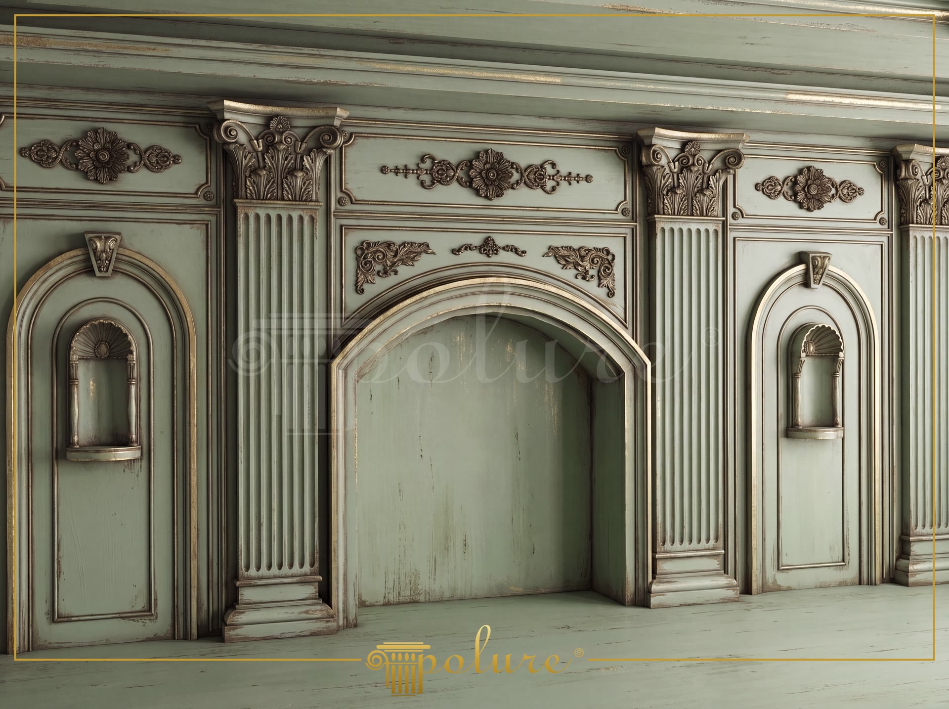 Perete decorativ neoclasic realizat cu pilatri din poliuretan P5040, nișe P08 și arc central P1456D307VI în nuanțe verzui.