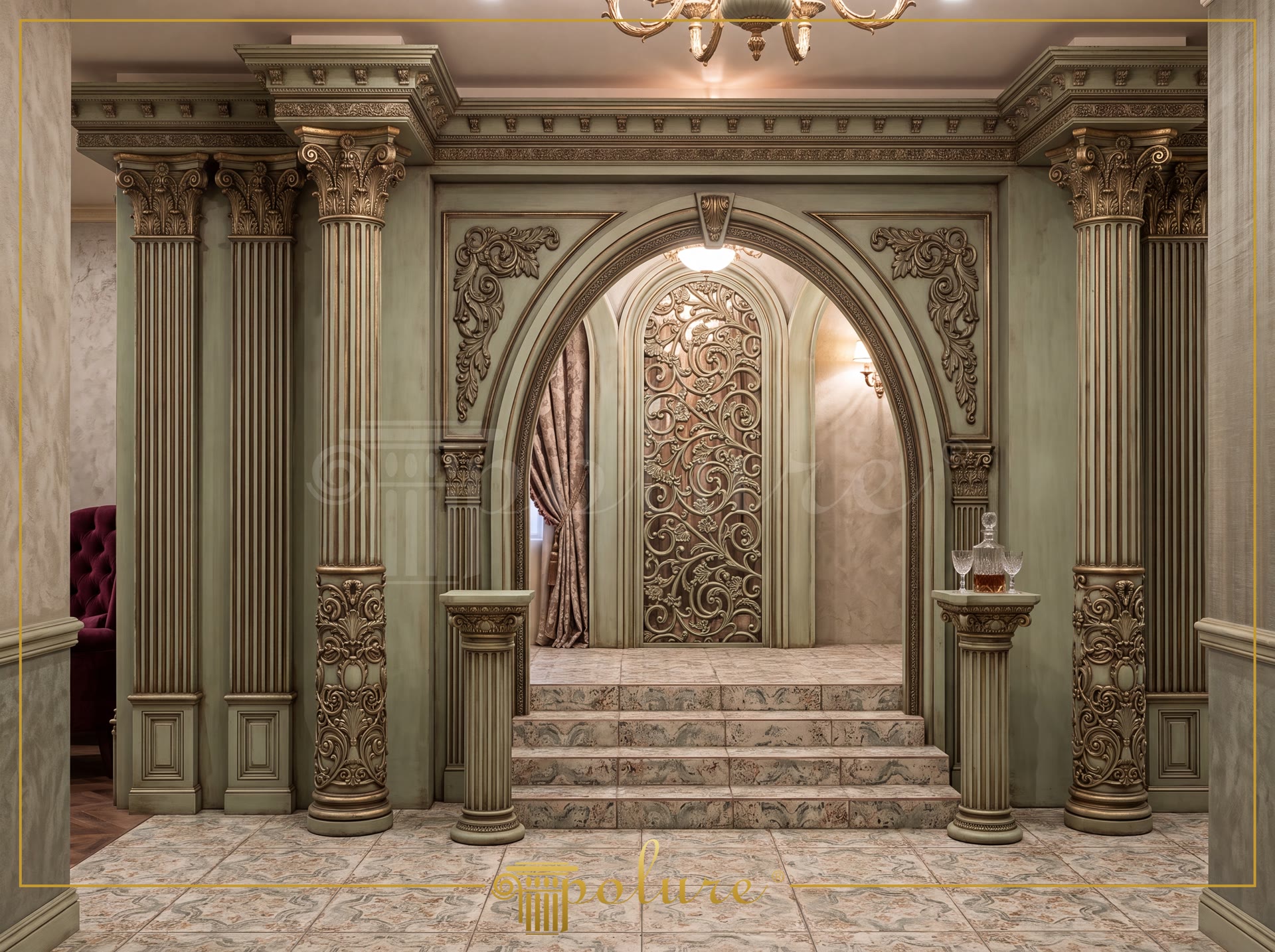 Arcada neoclasica din poliuretan cu coloane canelate si detaliu auriu antichizat intr-un interior elegant.