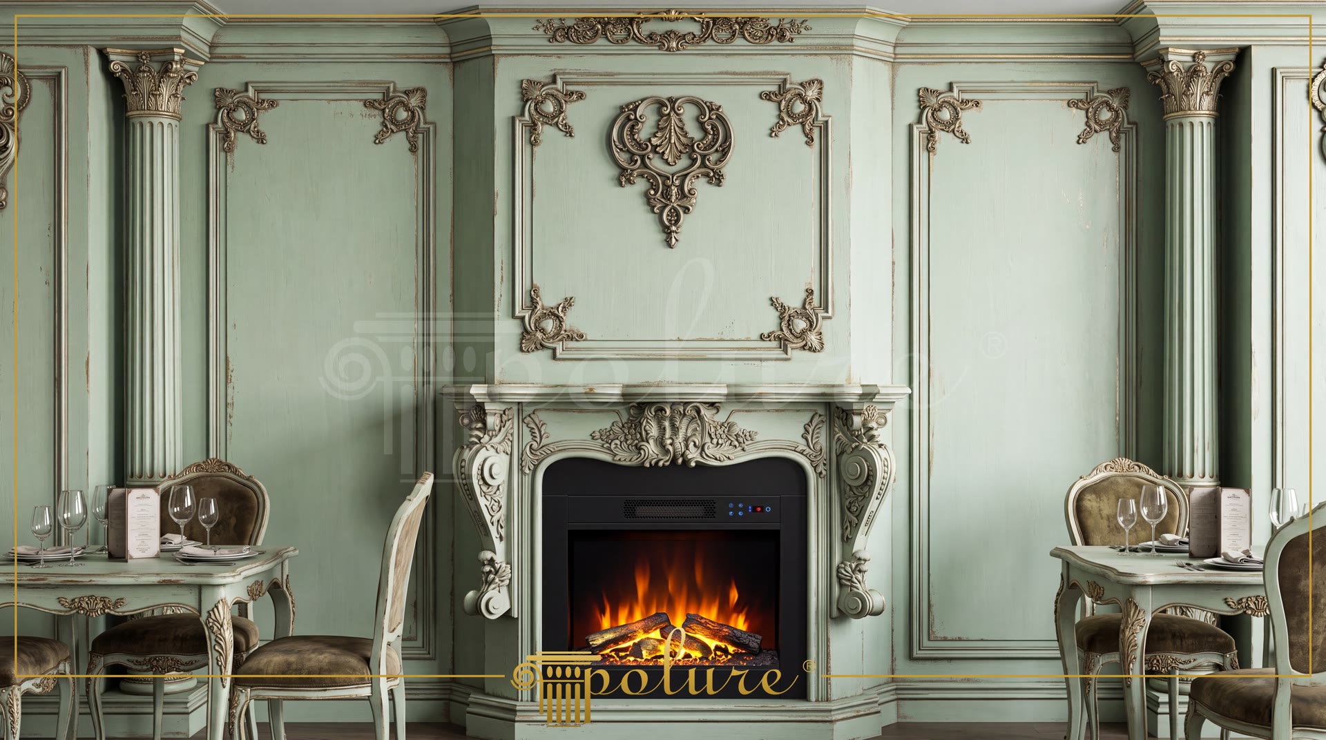 Șemineu din poliuretan încadrat de coloane canelate și panouri decorative de perete în stil neoclasic verde pastel.