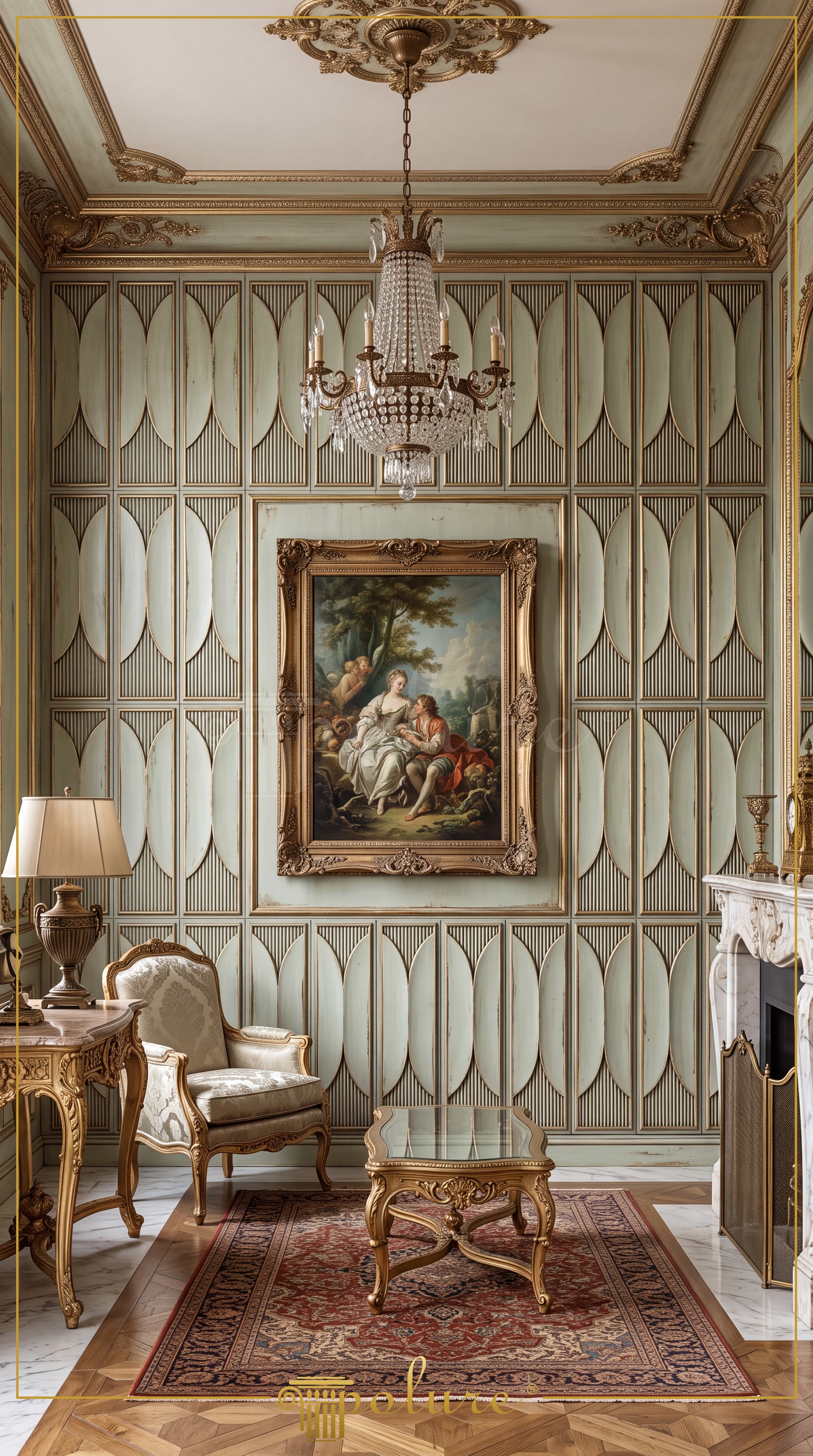 Panouri decorative din poliuretan P312020 verzi cu accente aurii montate pe peretele unui salon clasic.