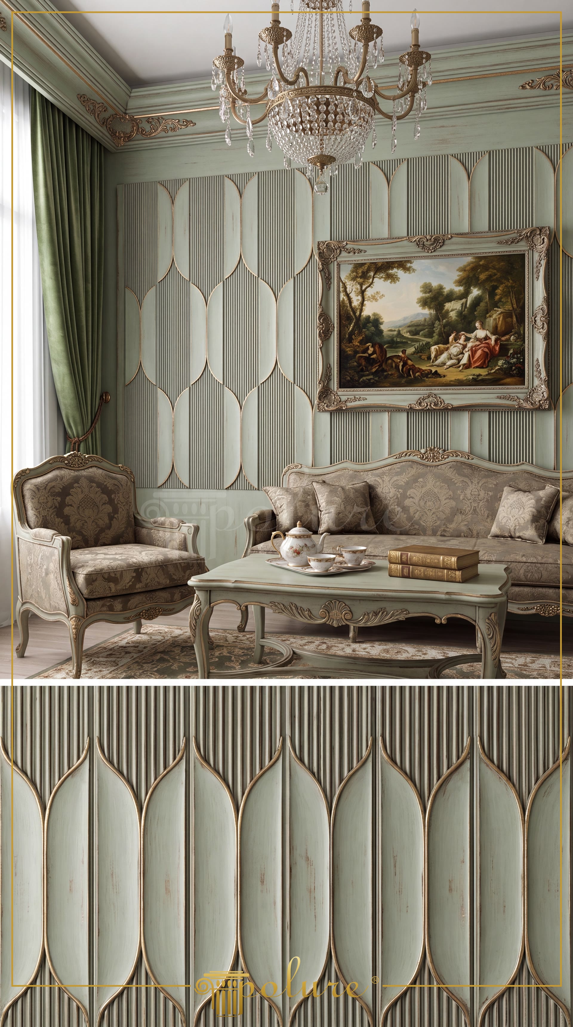 Panouri decorative din poliuretan P312020 pe perete verde mentă cu detalii aurii într-un living clasic.