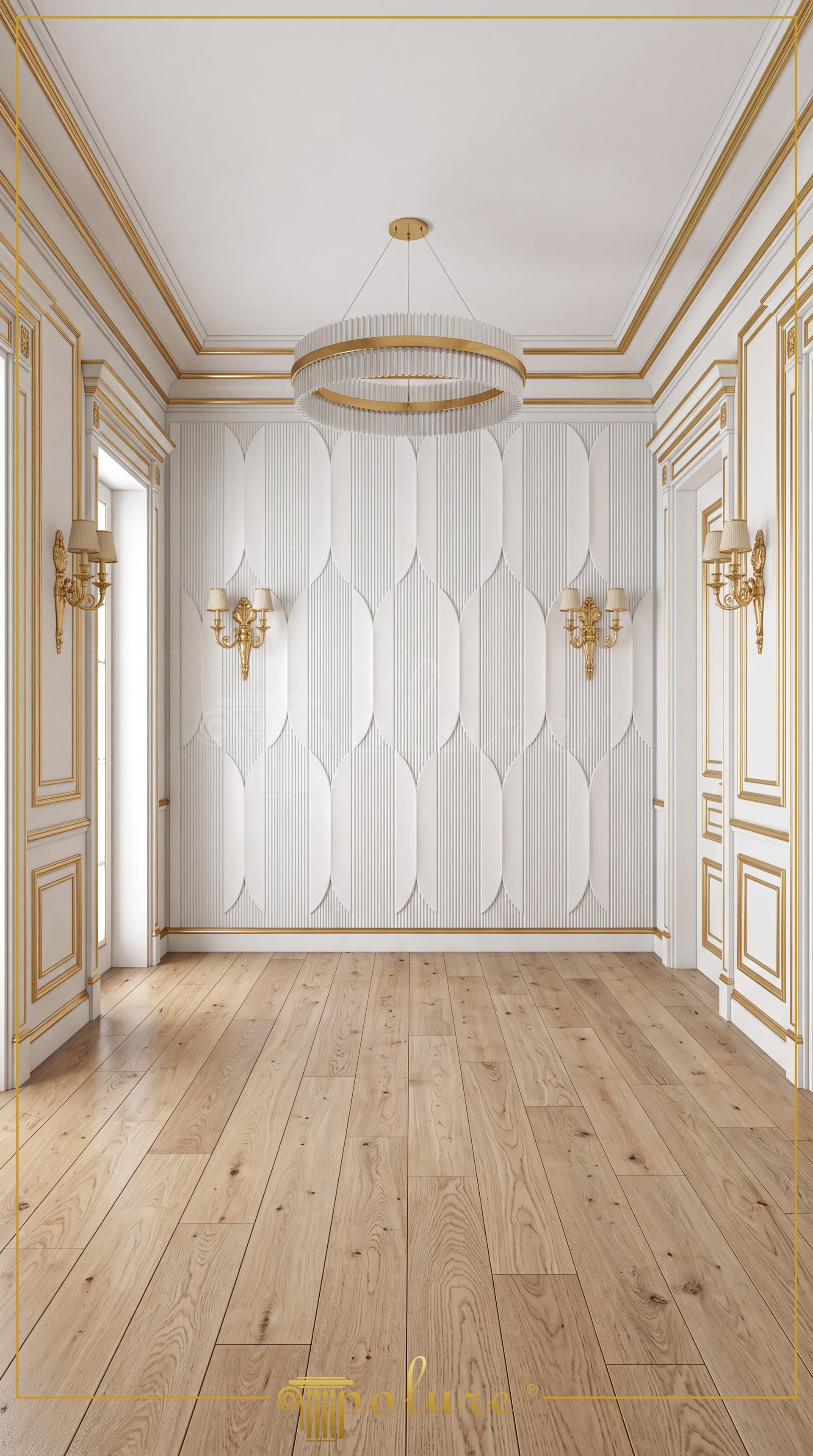 Hol elegant cu perete accent decorat cu panouri 3D din poliuretan P312020, ancadramente aurii și parchet din lemn.
