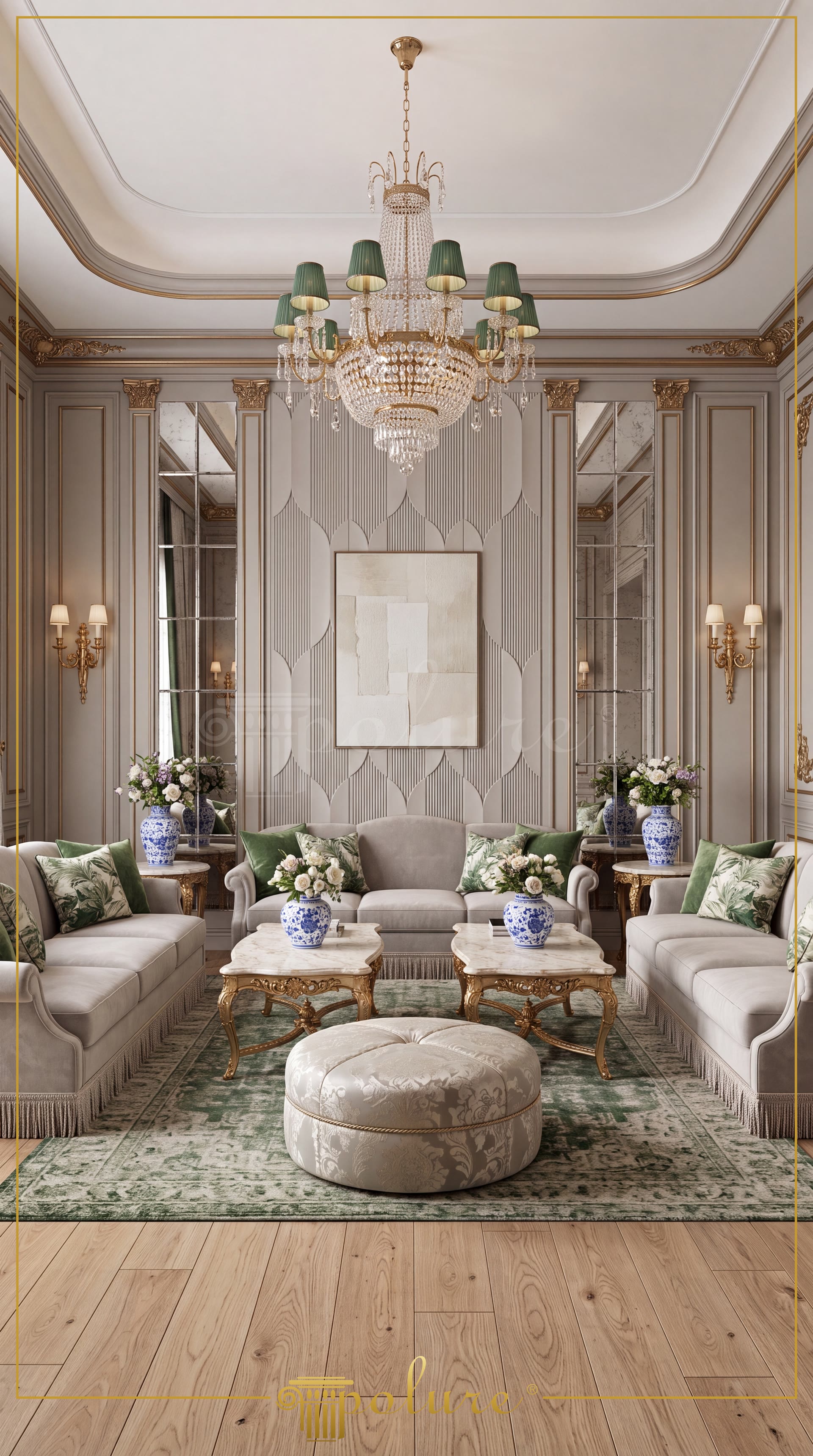 Living clasic amenajat cu panouri din poliuretan P312020 pe perete, pilastri decorativi si oglinzi simetrice.