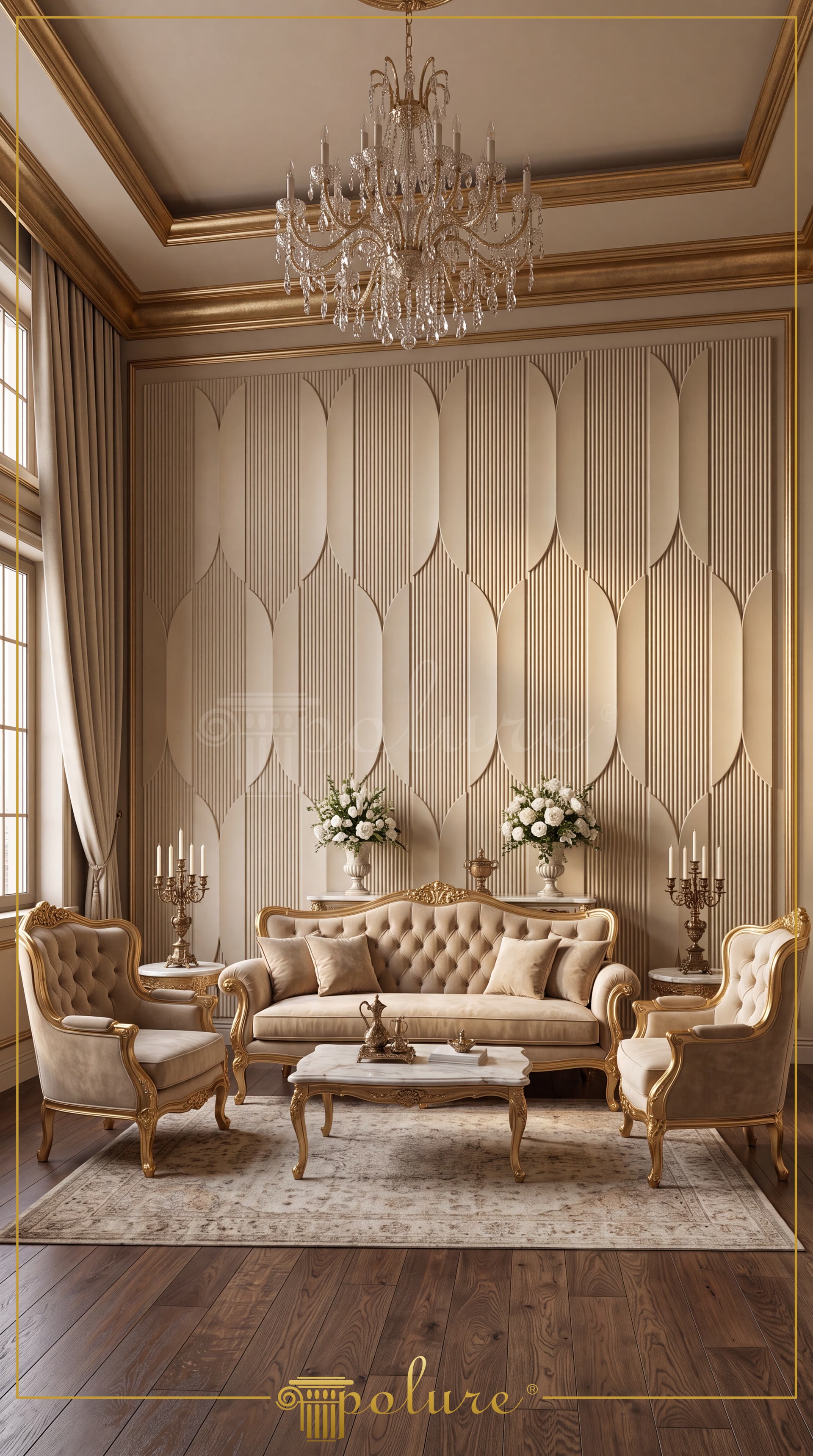 Perete accent decorat cu panouri din poliuretan P312020 si mobilier clasic intr-un living cu tavan inalt.