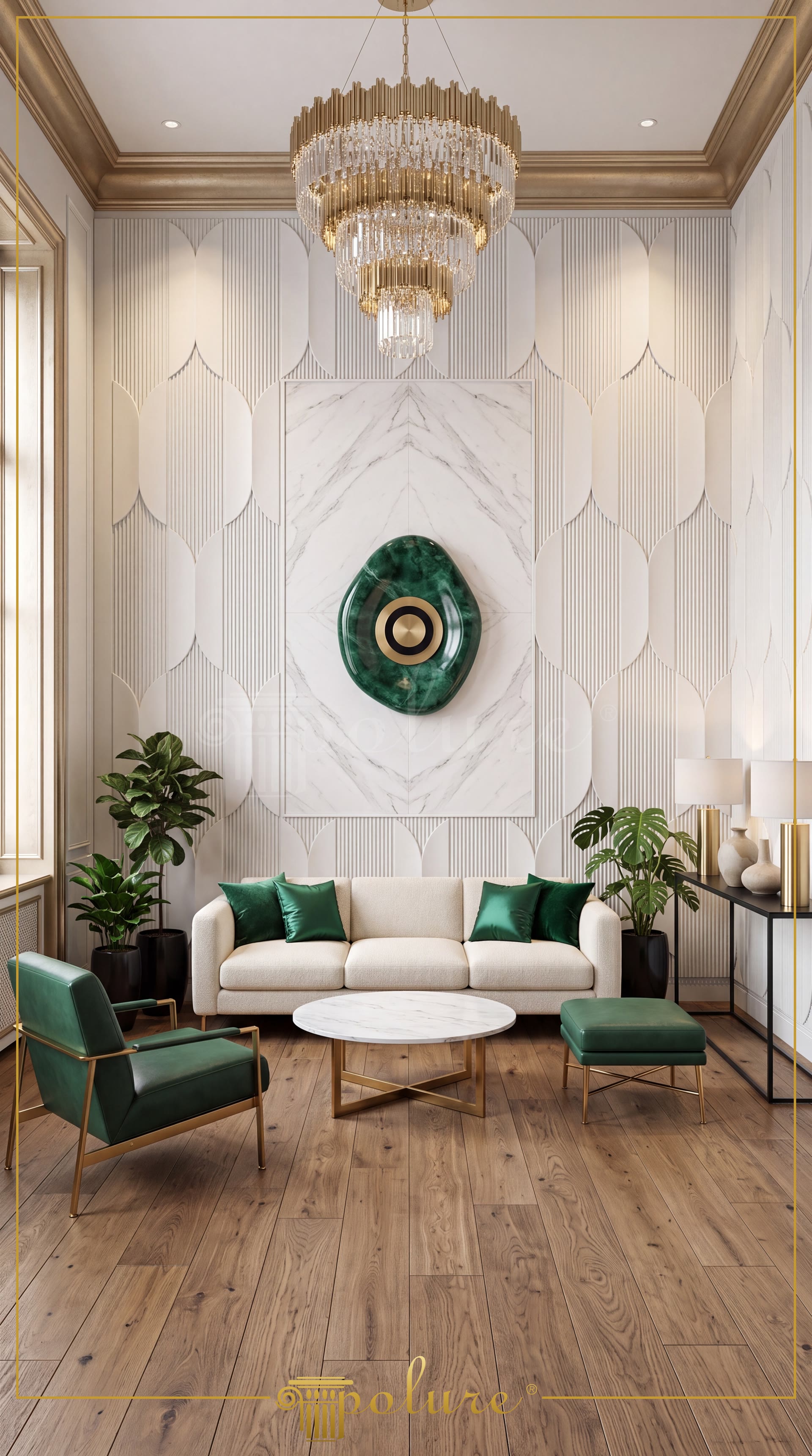 Design interior living clasic cu panouri decorative din poliuretan P312020, panou central din marmura si canapea crem