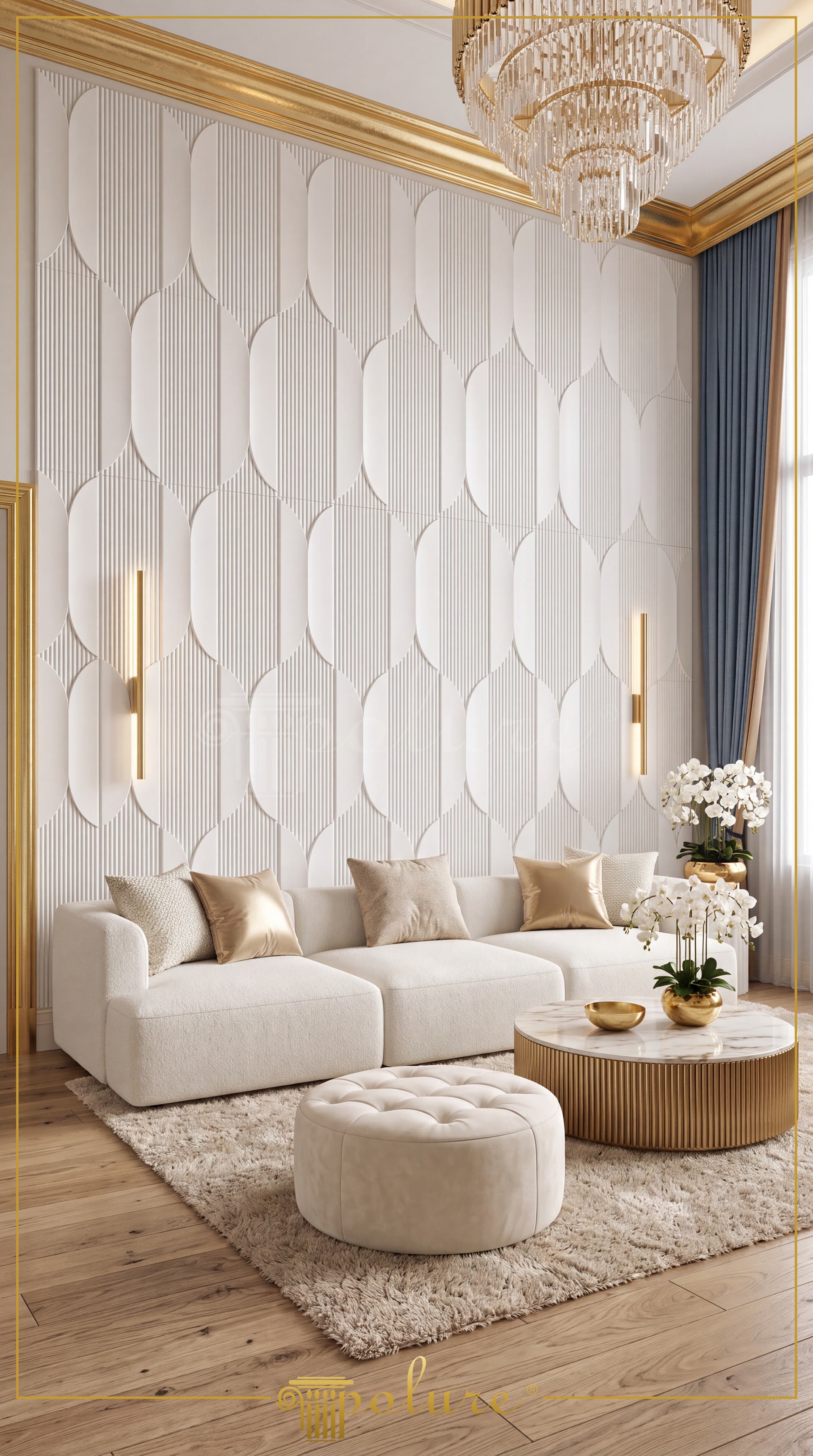 Perete decorat cu panouri din poliuretan cu textură canelată și forme ovale într-un living clasic elegant.