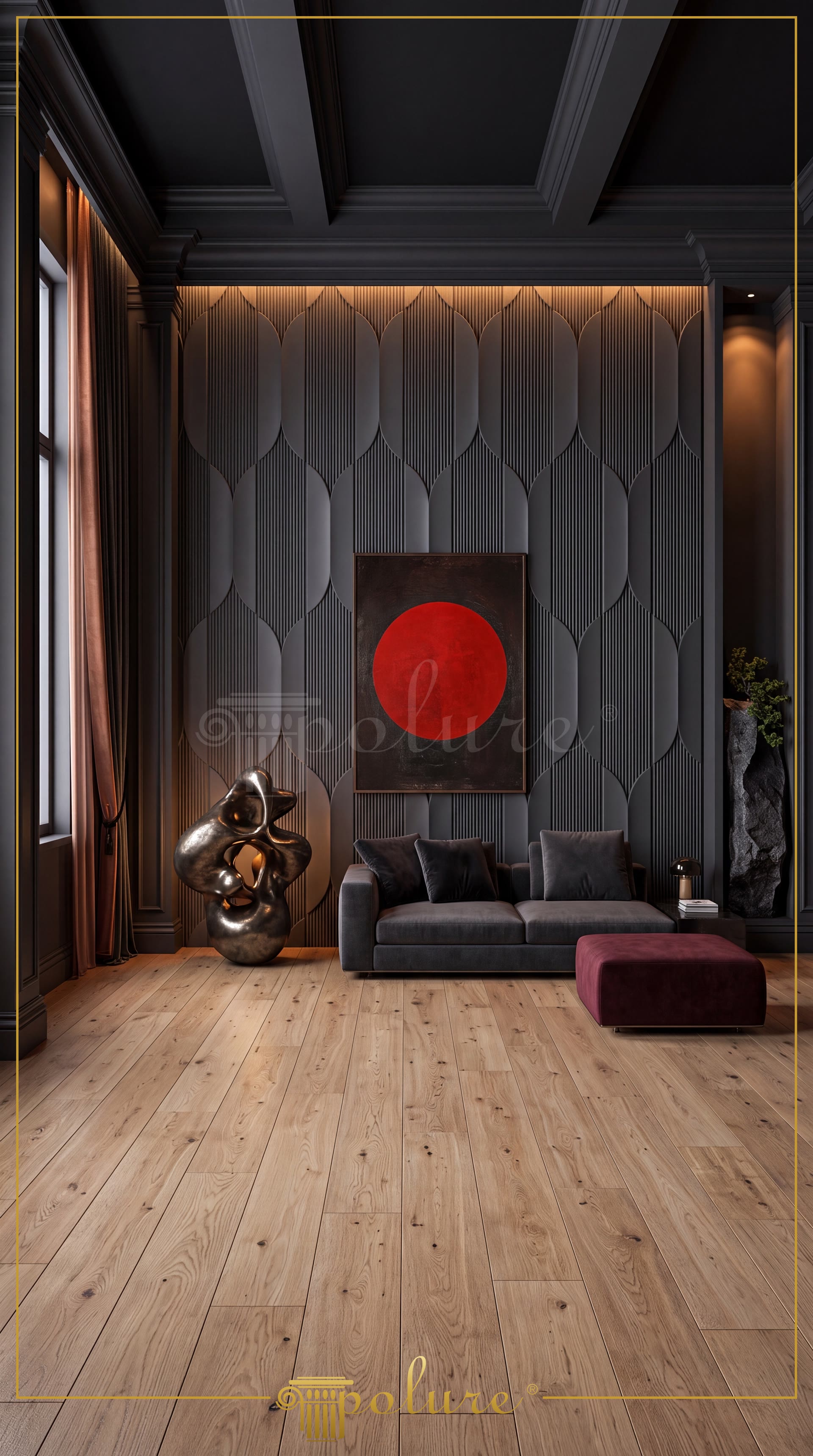 Perete de accent din living decorat cu panouri din poliuretan P312020 antracit, tablou roșu și iluminat LED.
