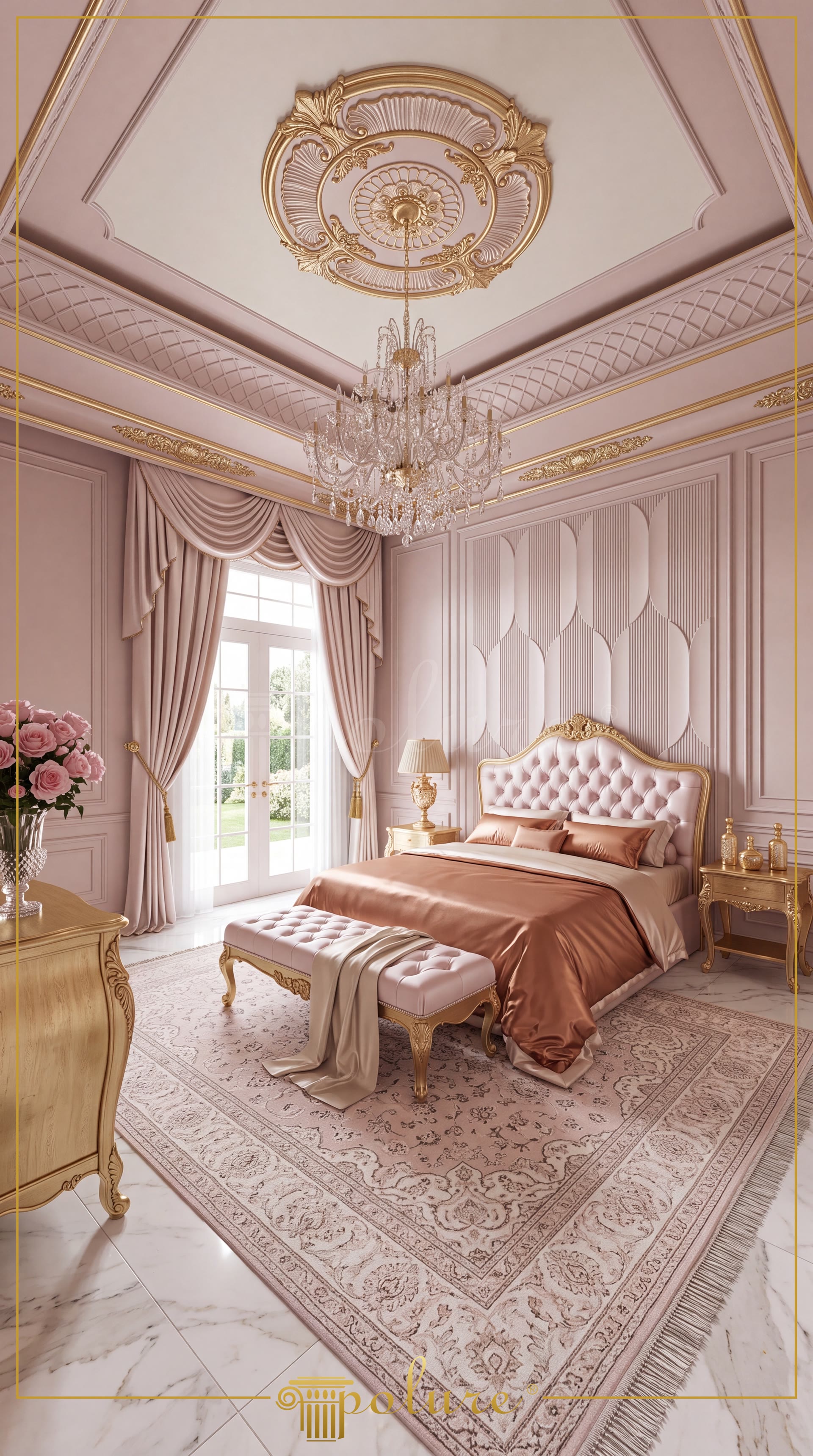 Dormitor clasic cu profilatură din poliuretan, rosetă de tavan aurită și panouri decorative de perete în tonuri roz.