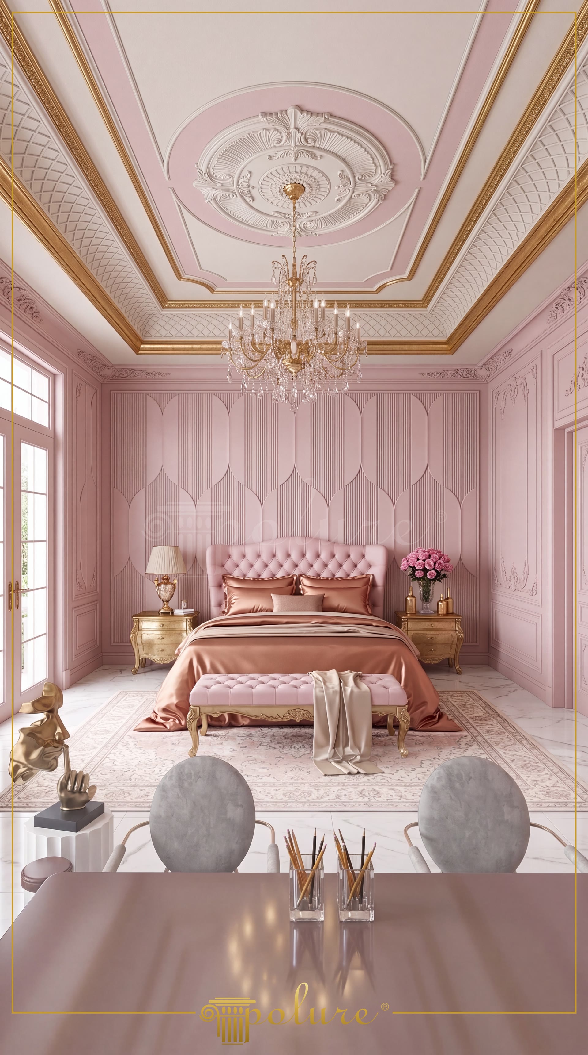Dormitor elegant amenajat cu panouri din poliuretan P312020 pe perete, cornișă P81166 și rozetă P7145 pe tavan.