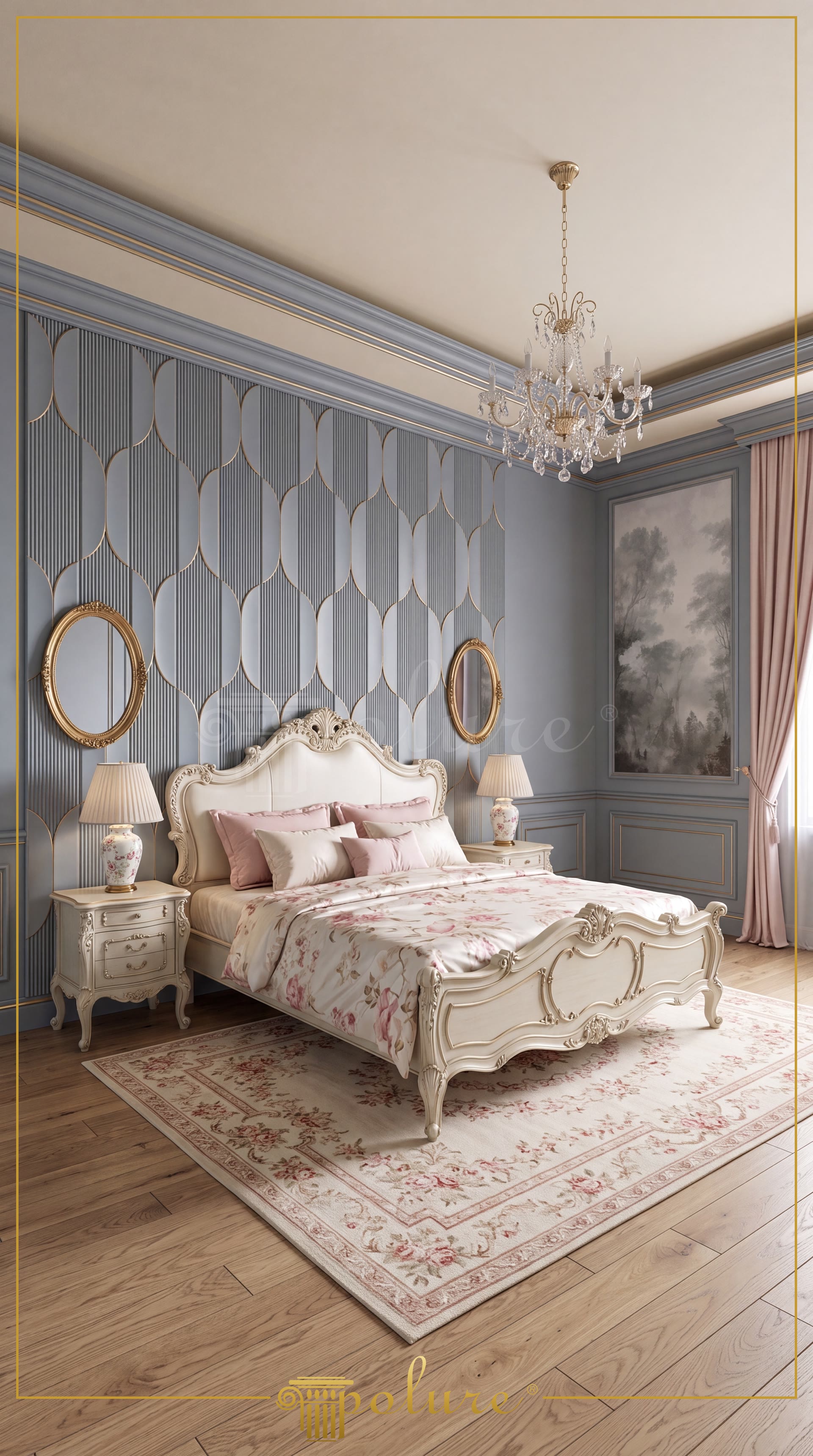 Amenajare dormitor clasic cu panouri decorative din poliuretan P312020 pe peretele principal și detalii aurii.