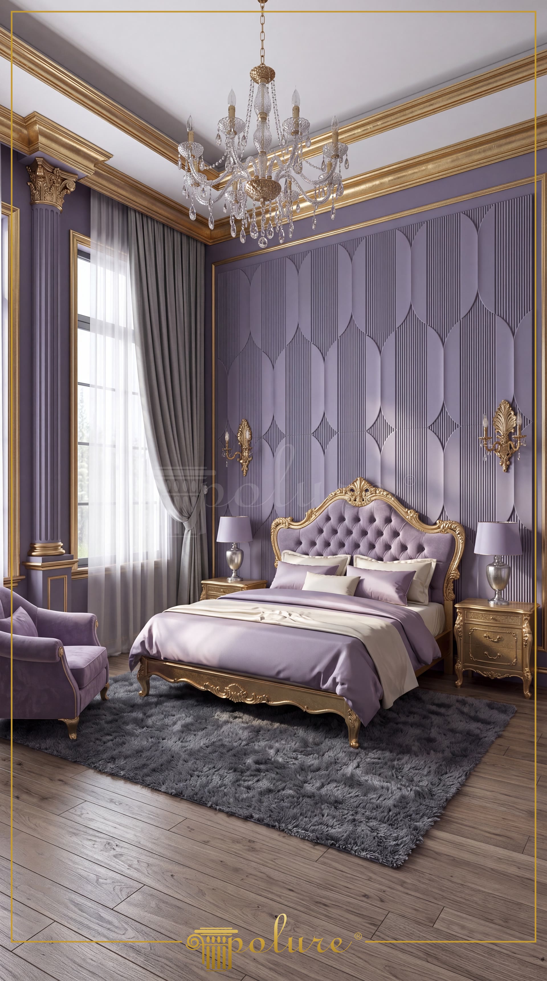 Panouri decor perete din poliuretan P312020 în dormitor clasic lila cu tăblie tapițată și detalii aurii