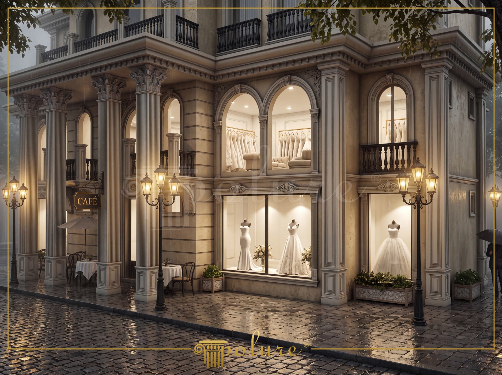 Fațadă comercială clasică decorată cu pilatri din poliuretan P5020, ancadramente de fereastră și arcade decorative.