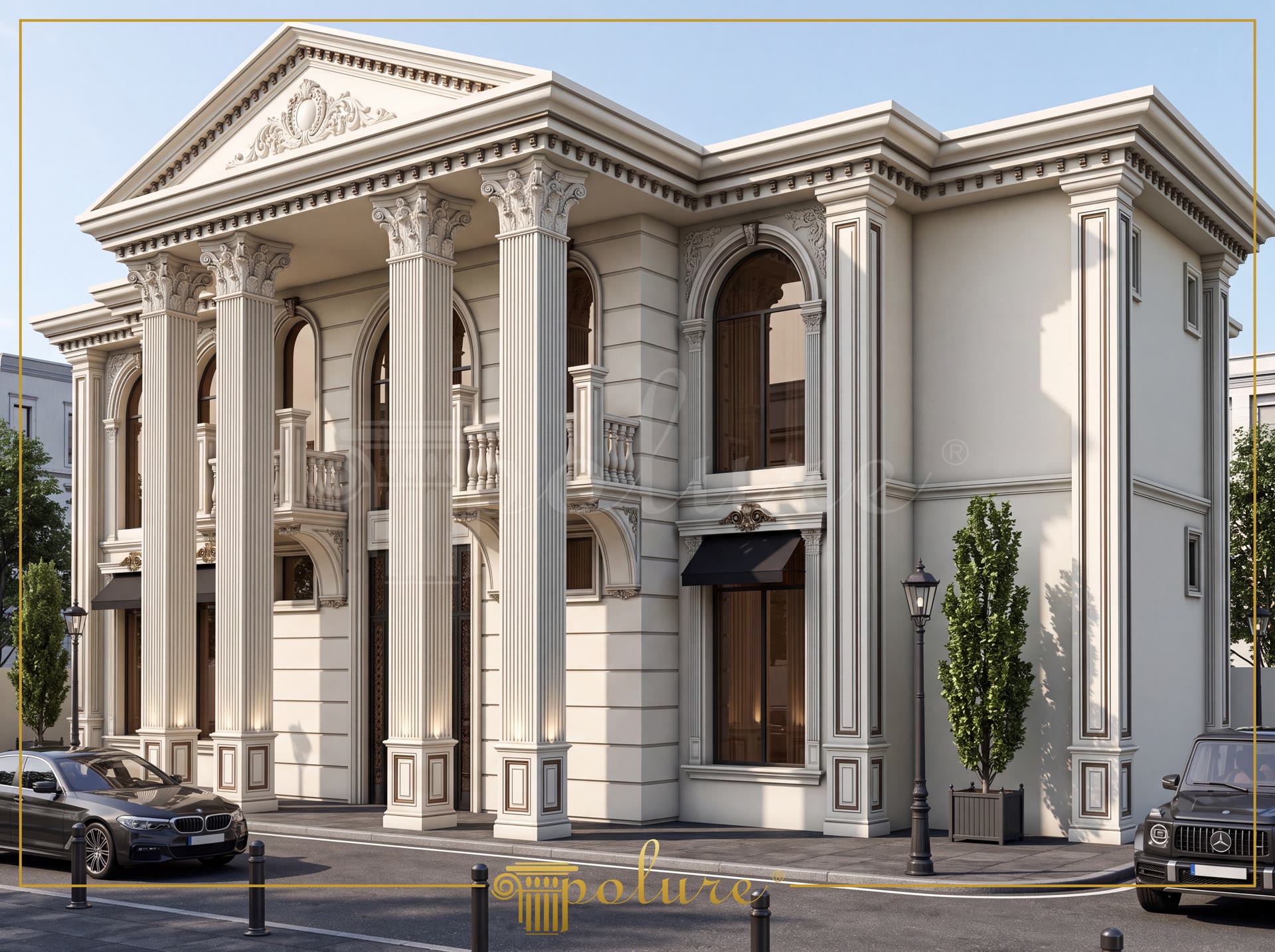 Fațadă neoclasică de vilă cu coloane din poliuretan P5020, ancadramente arcuite la ferestre și ornamente sculptate.