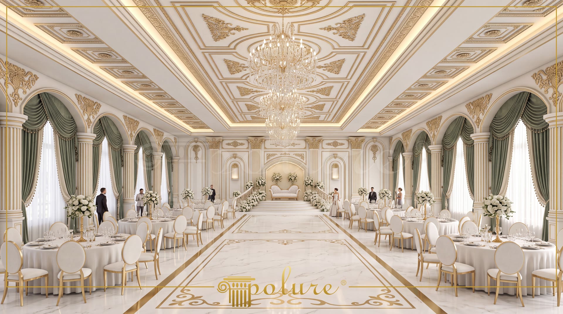 Sala de evenimente clasica decorata cu pilatri din poliuretan P5040, tavane casetate P7145L si ancadramente aurite.