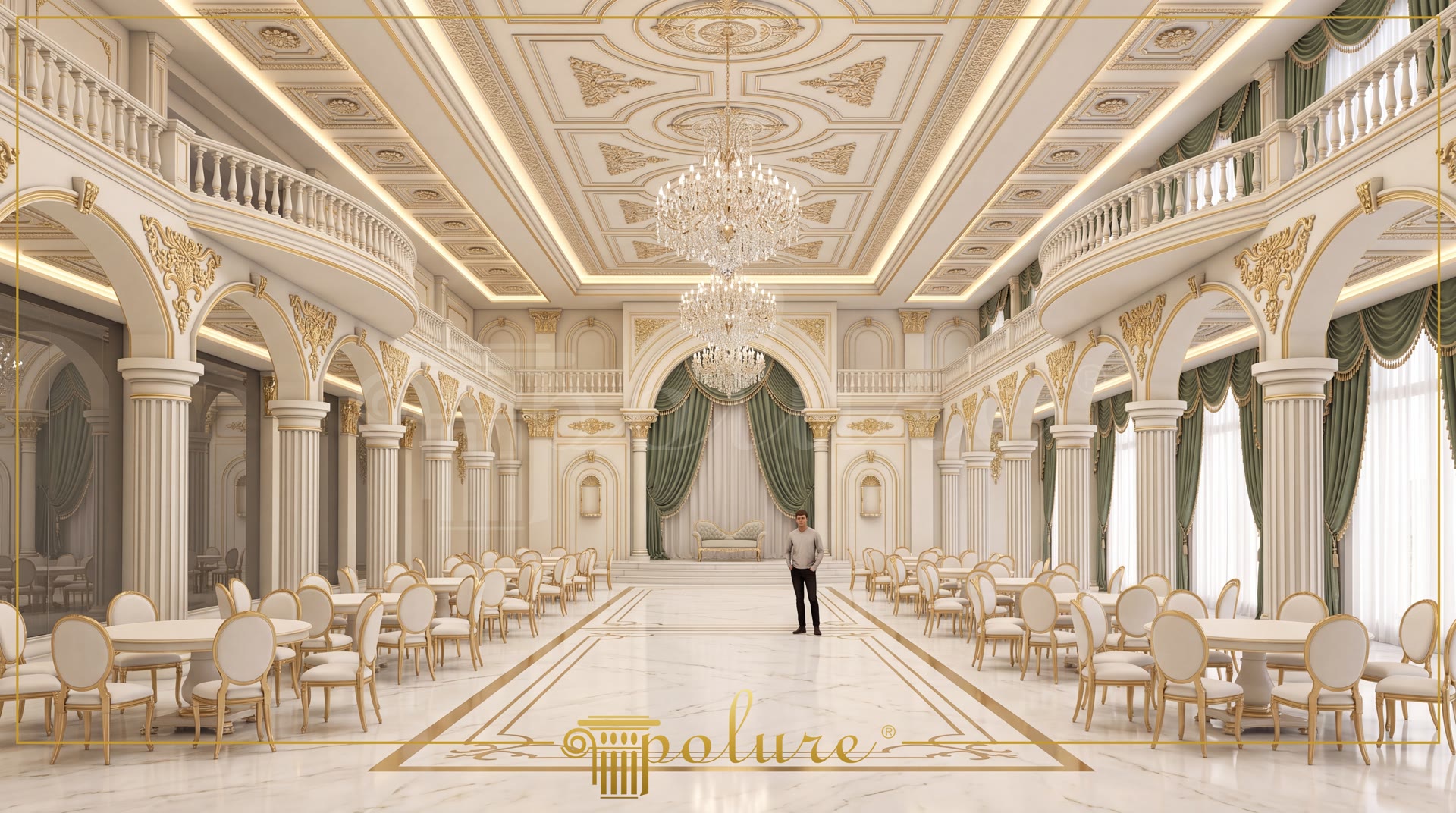 Interior clasic de sală de evenimente amenajat cu coloane, arcade și ornamente din poliuretan pe pereți și tavan.