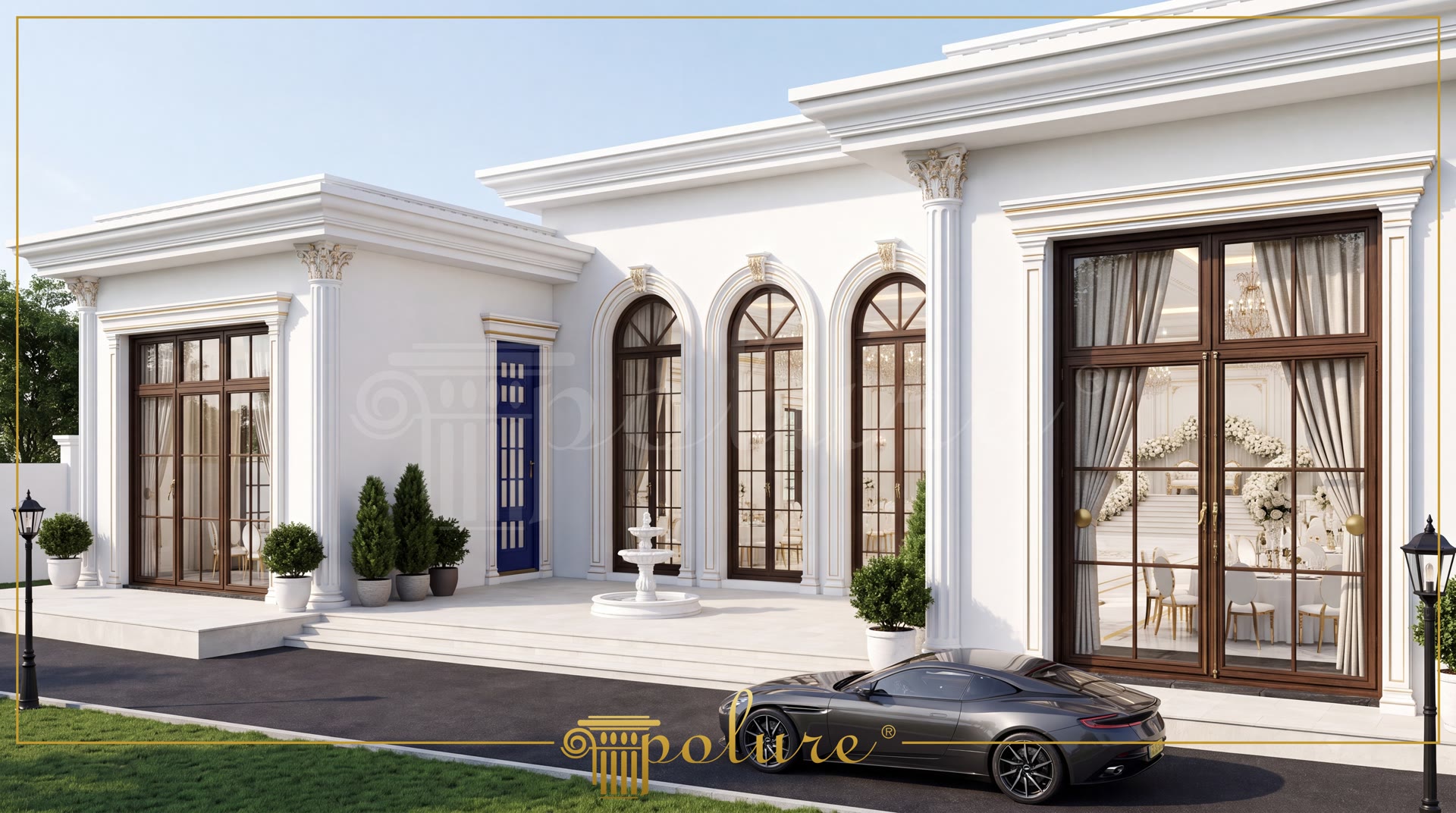 Fațadă exterioară albă decorată cu pilastri din poliuretan, ancadramente cu arcadă și detalii aurii elegante.