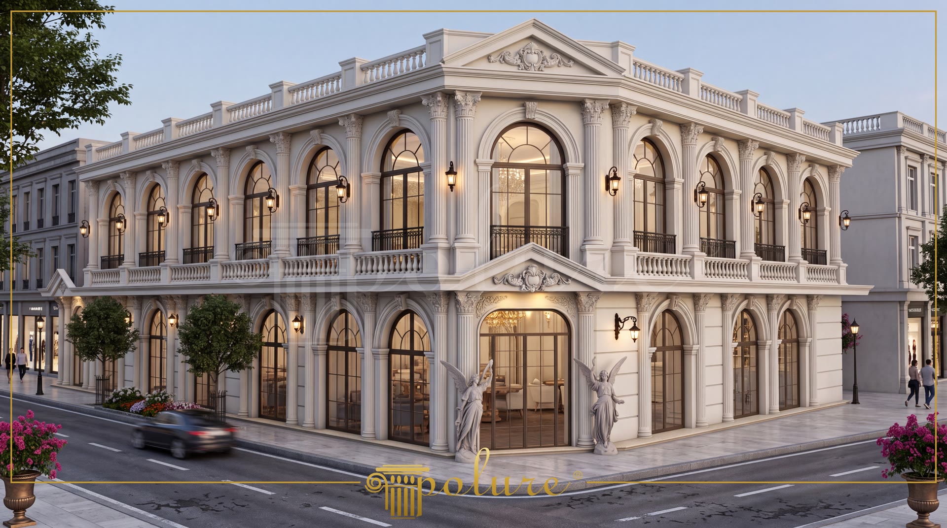 Fațadă de colț pe două niveluri cu coloane din poliuretan, ferestre în arc și ornamente neoclasice decorative.