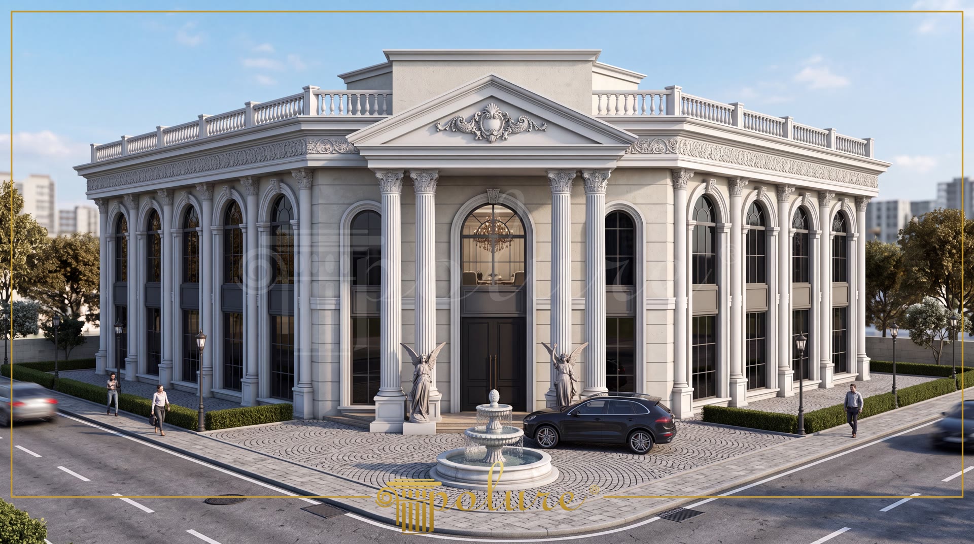 Fațadă clasică de sală de evenimente cu coloane și ancadramente decorative din poliuretan alb.